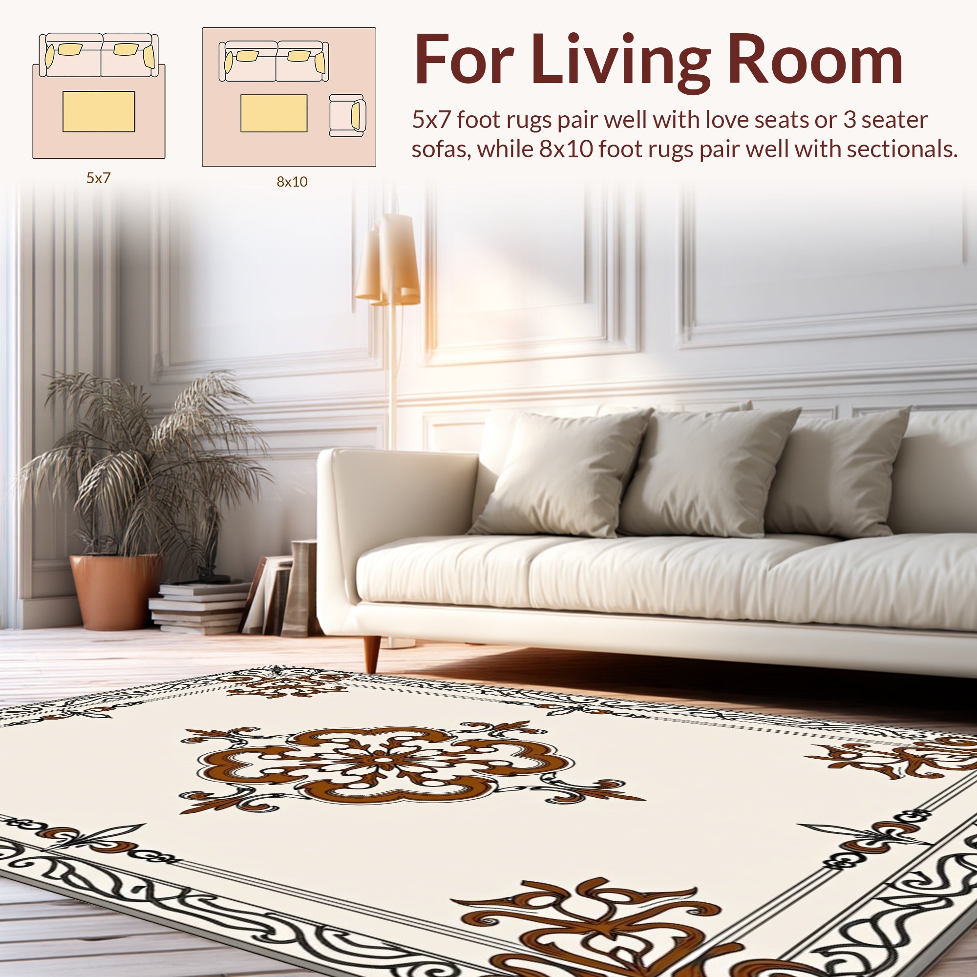 Ornate Brown Cream Scrollwork Rug