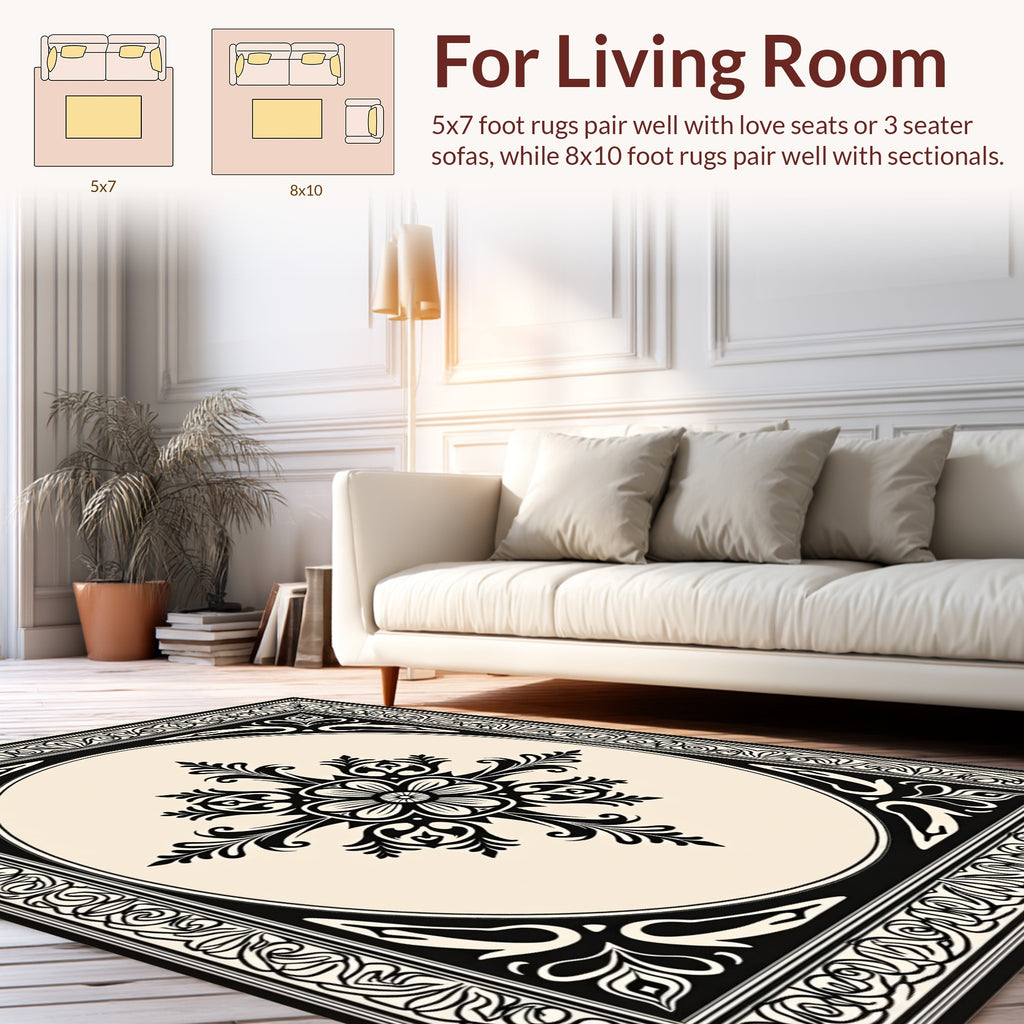 Classic Floral Medallion Black Cream Rug