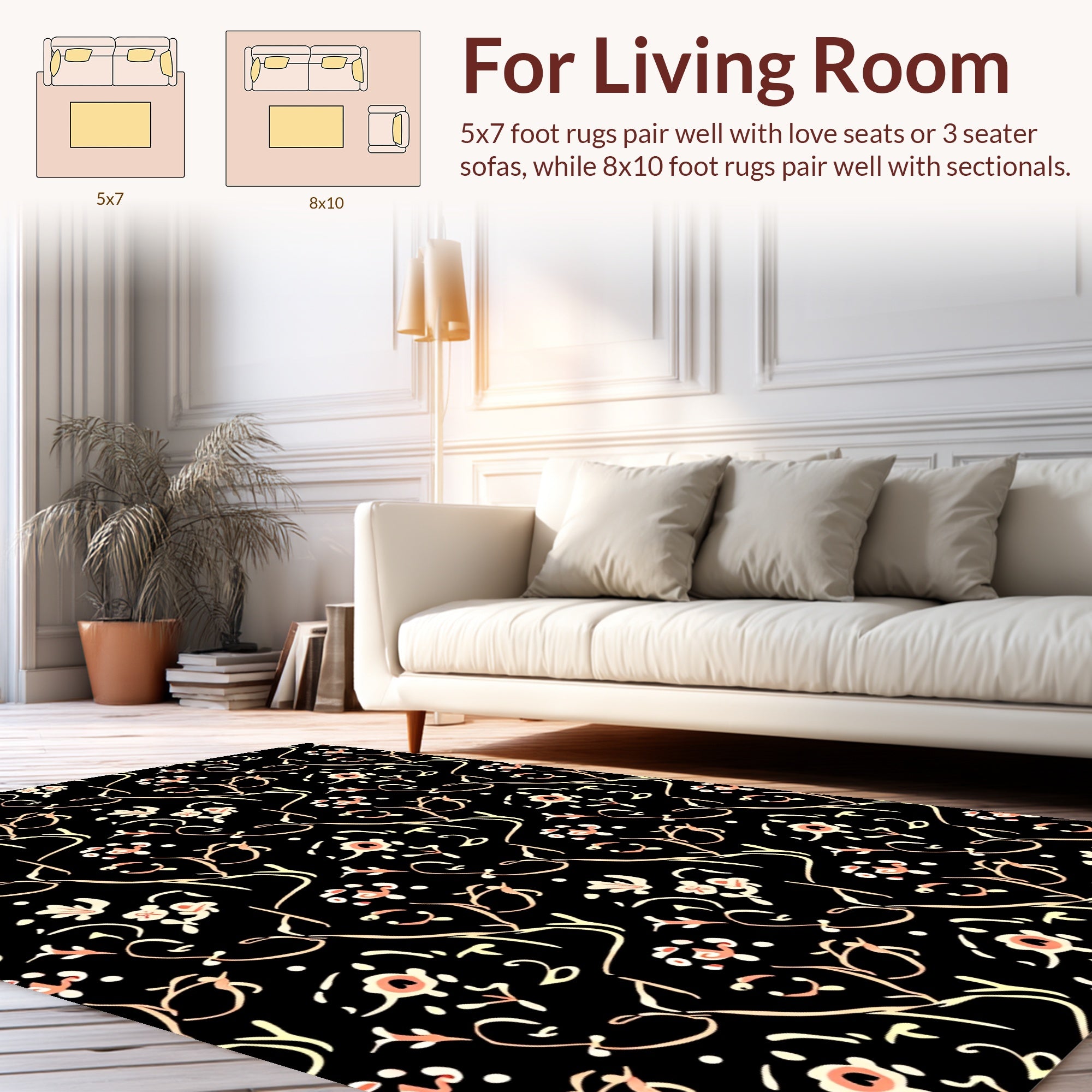 Black Floral Swirl Pattern Rug