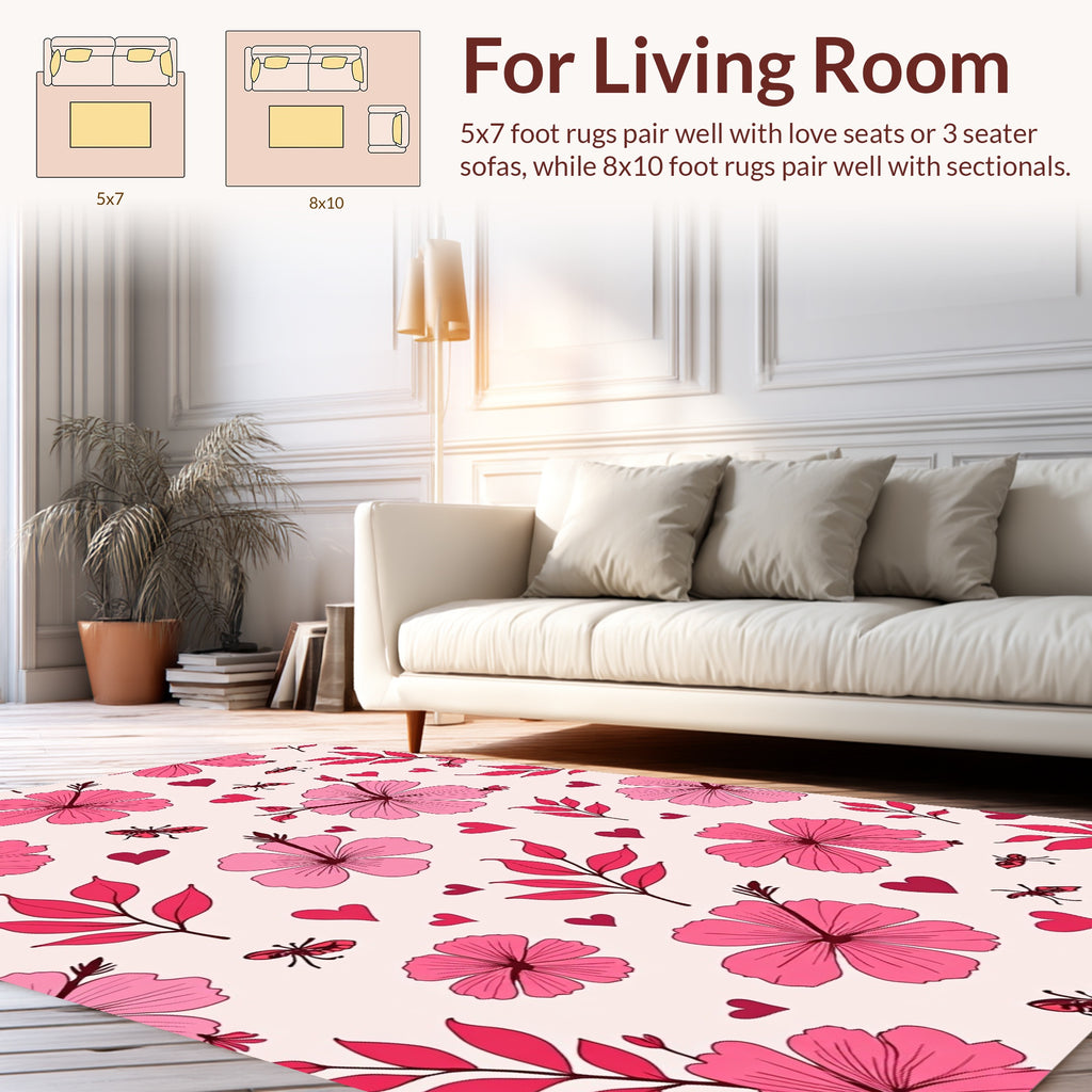 Pink Hibiscus And Heart Pattern Rug