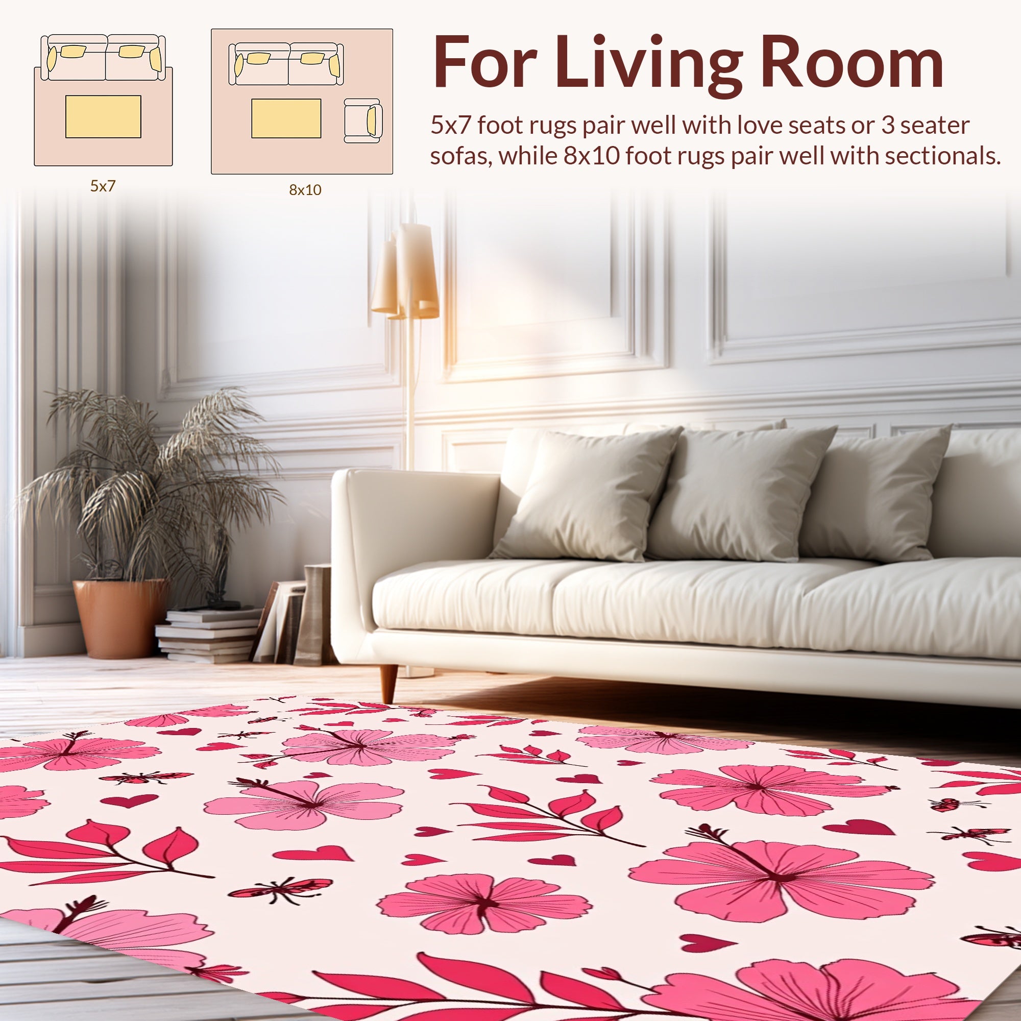 Pink Hibiscus And Heart Pattern Rug