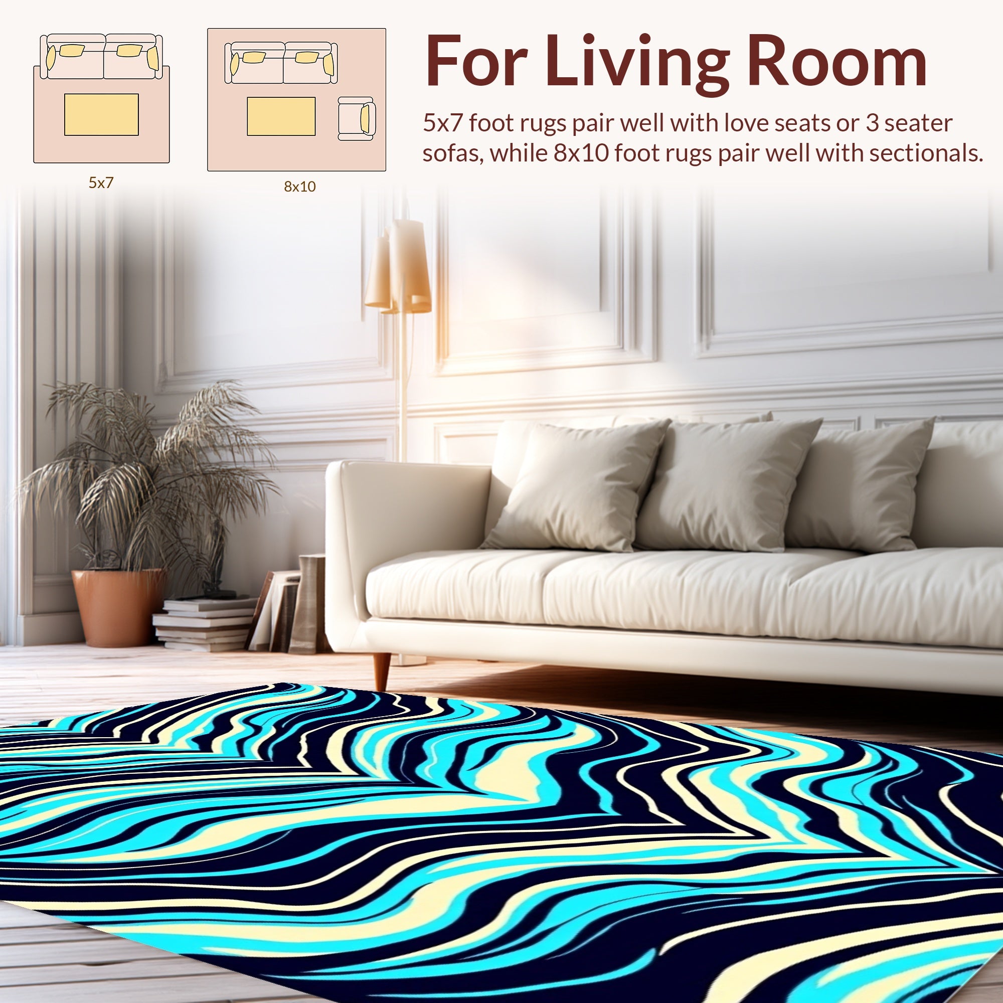 Vivid Aqua Blue Wavy Stripe Design Rug