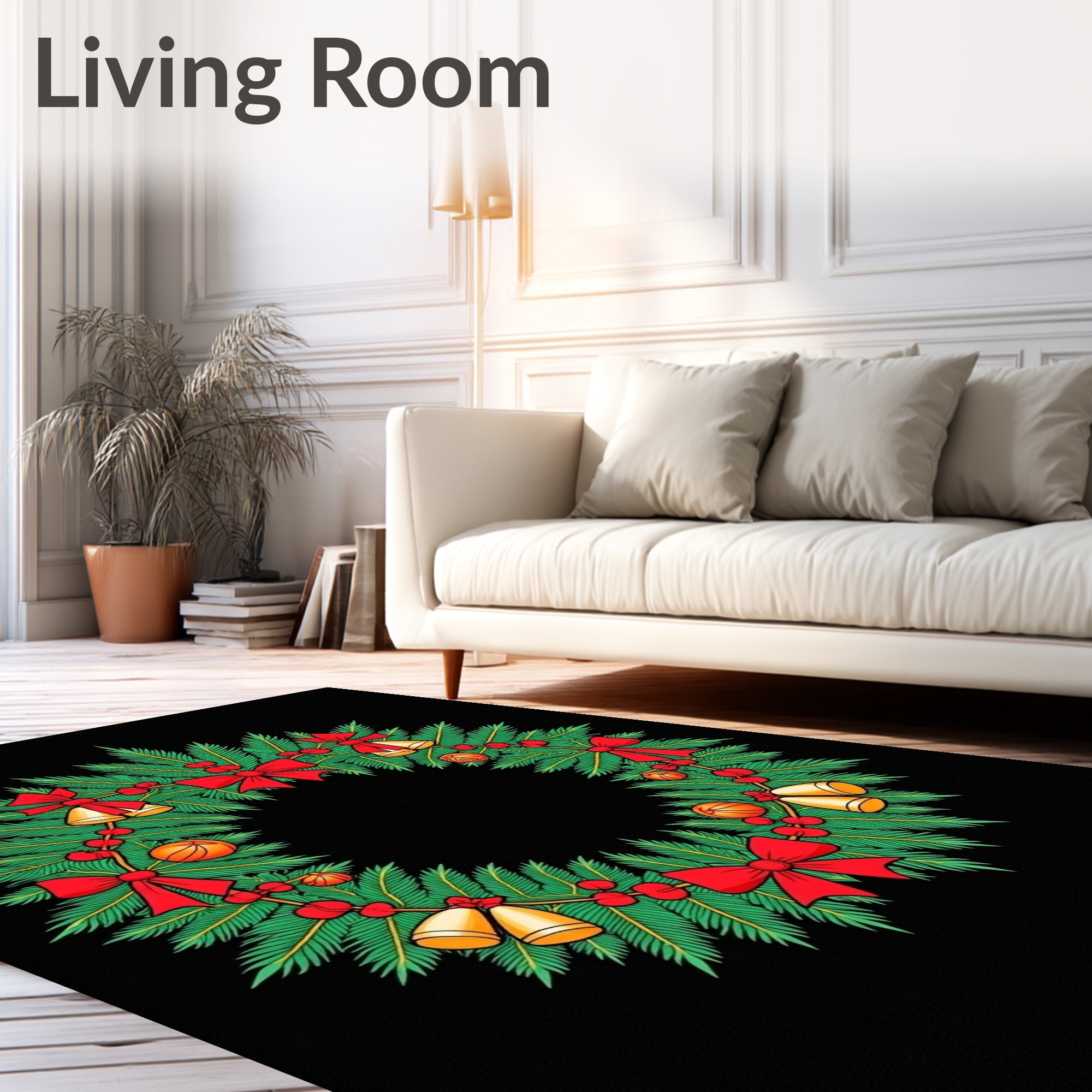 Festive Green Pine Wreath Bells Rug
