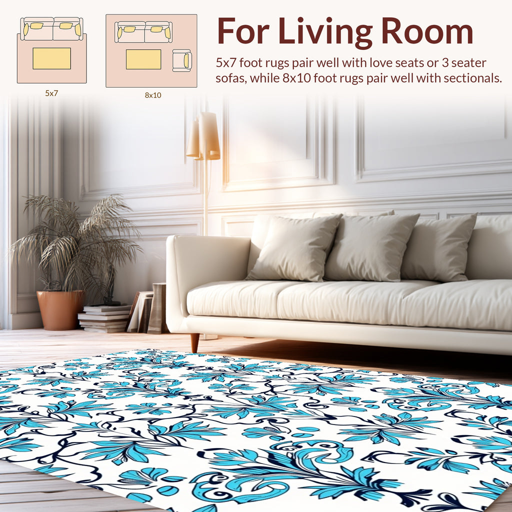 Elegant Teal Navy Floral Damask Rug