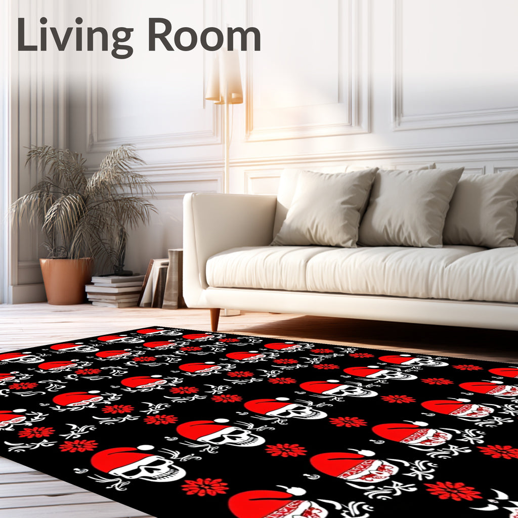 Black Red Skull Santa Hat Floral Rug