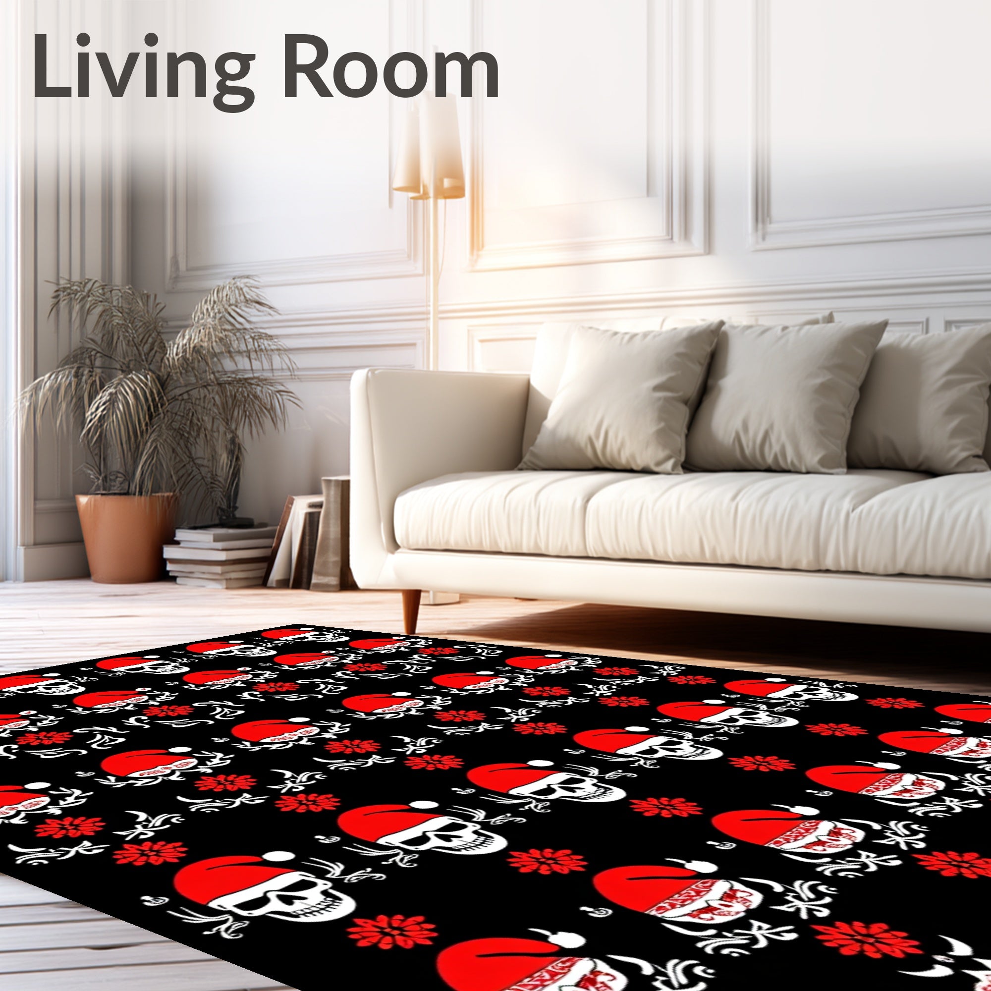 Black Red Skull Santa Hat Floral Rug