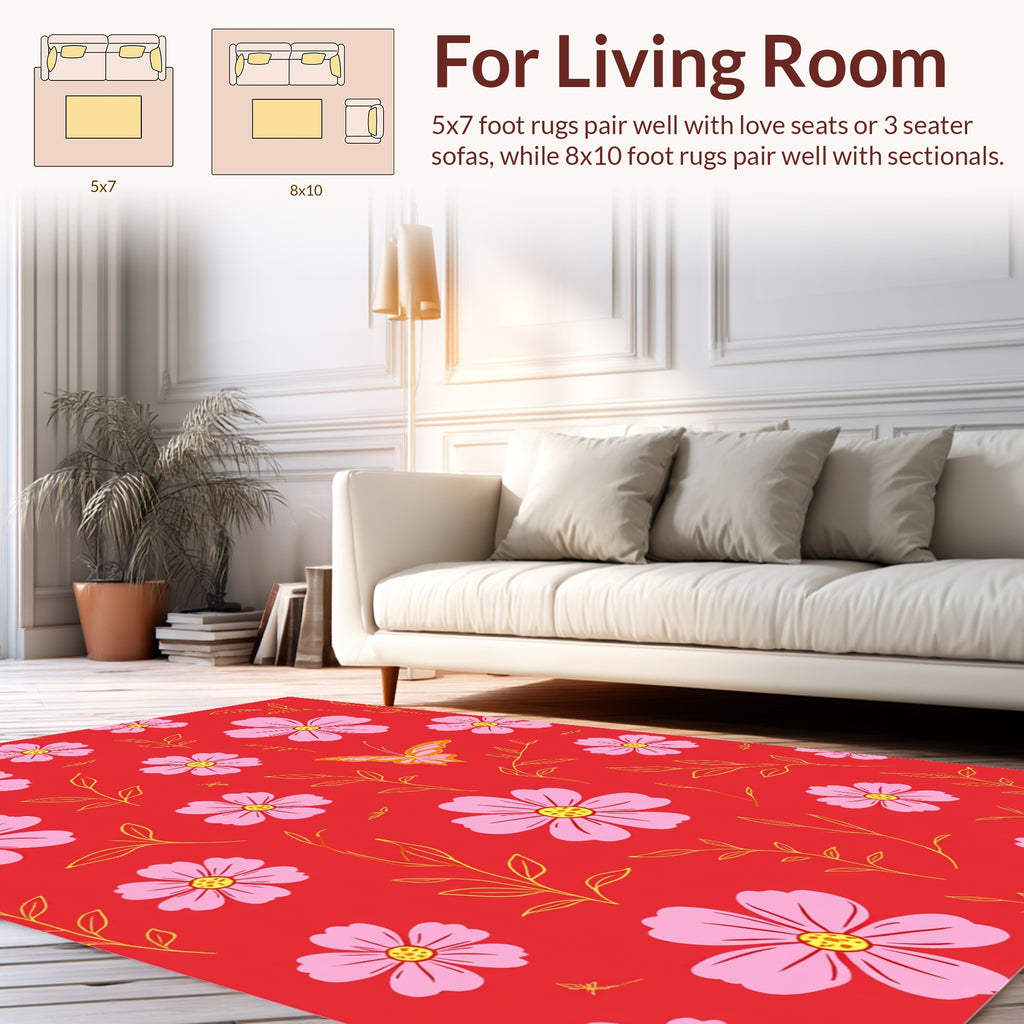 Pink Floral Whimsical Butterfly Design Rug