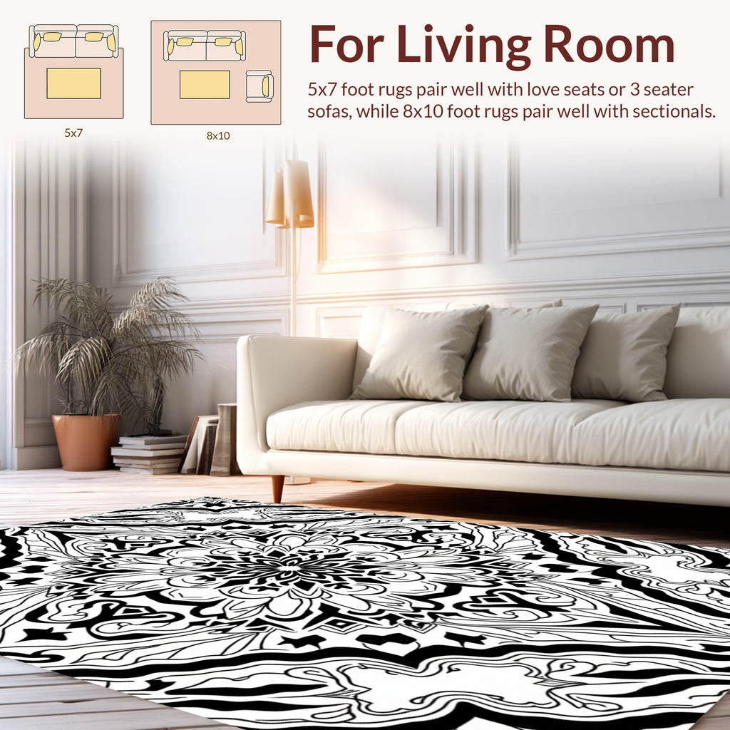 Intricate Black White Mandala Pattern Rug