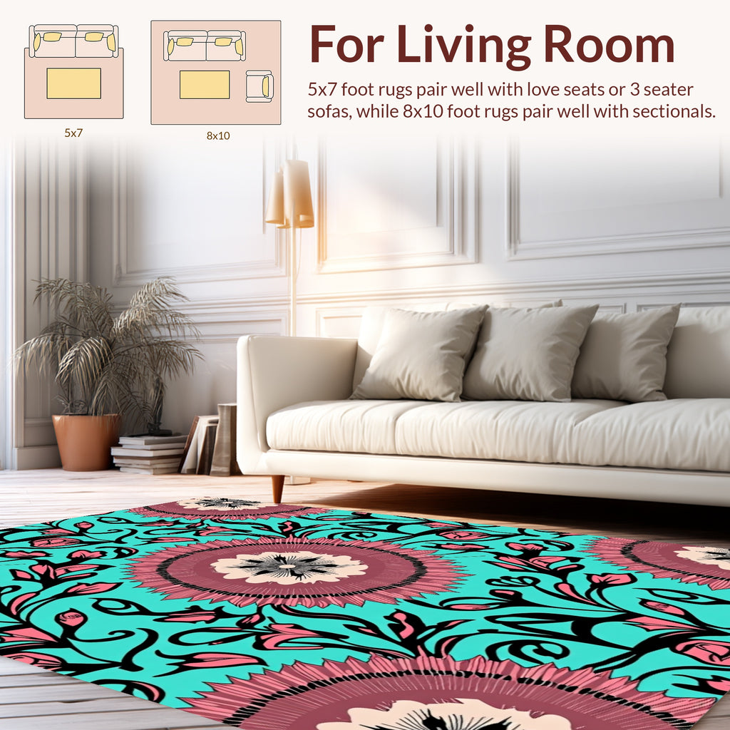 Aqua Pink Floral Mandala Print Rug