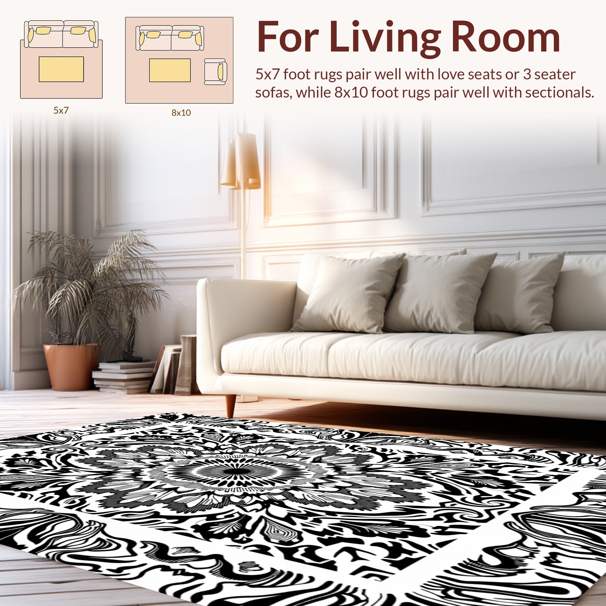 Black White Intricate Floral Mandala Pattern Rug