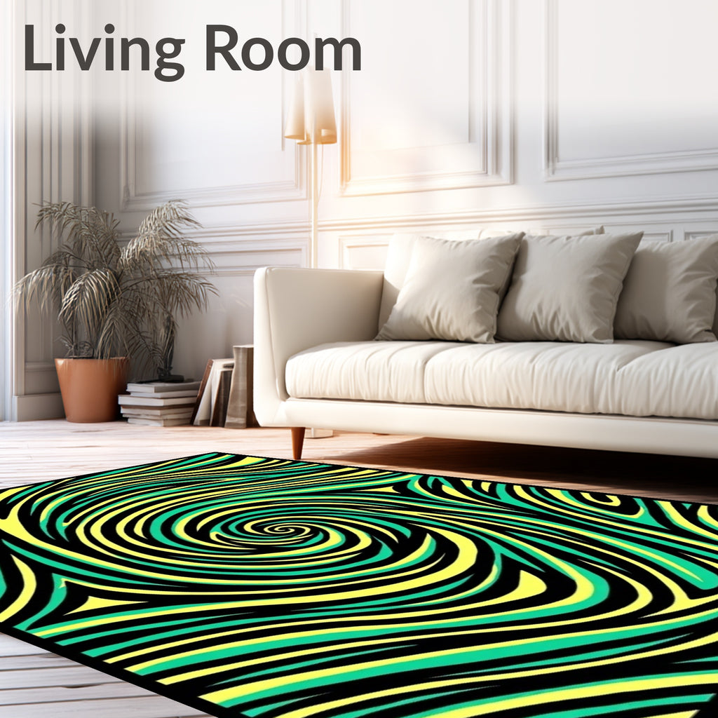 Black Yellow Teal Swirling Lines Rug