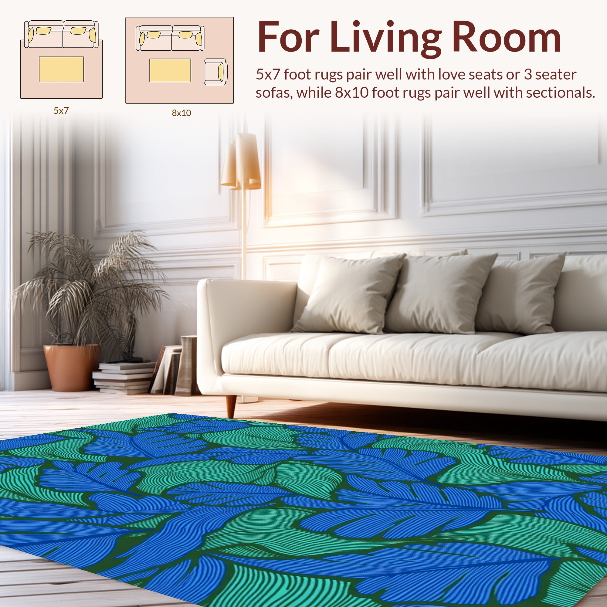 Bold Blue Green Leaf Pattern Rug
