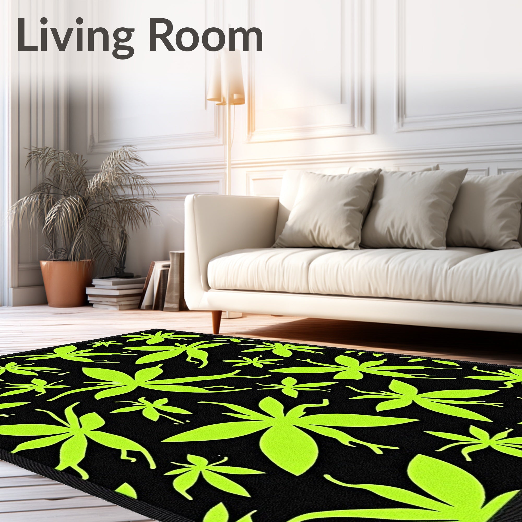 Neon Green Silhouette Petal Scatter Rug