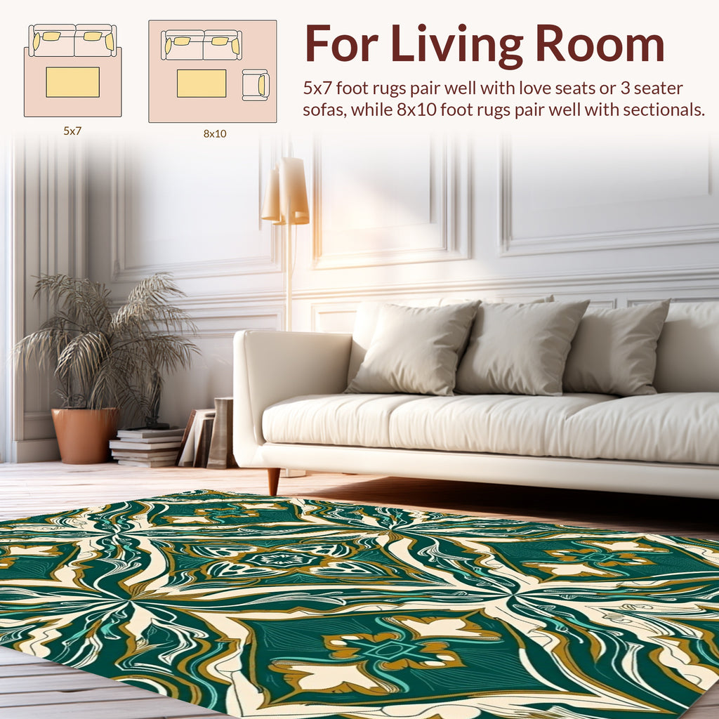 Emerald Gold Floral Mandala Pattern Rug