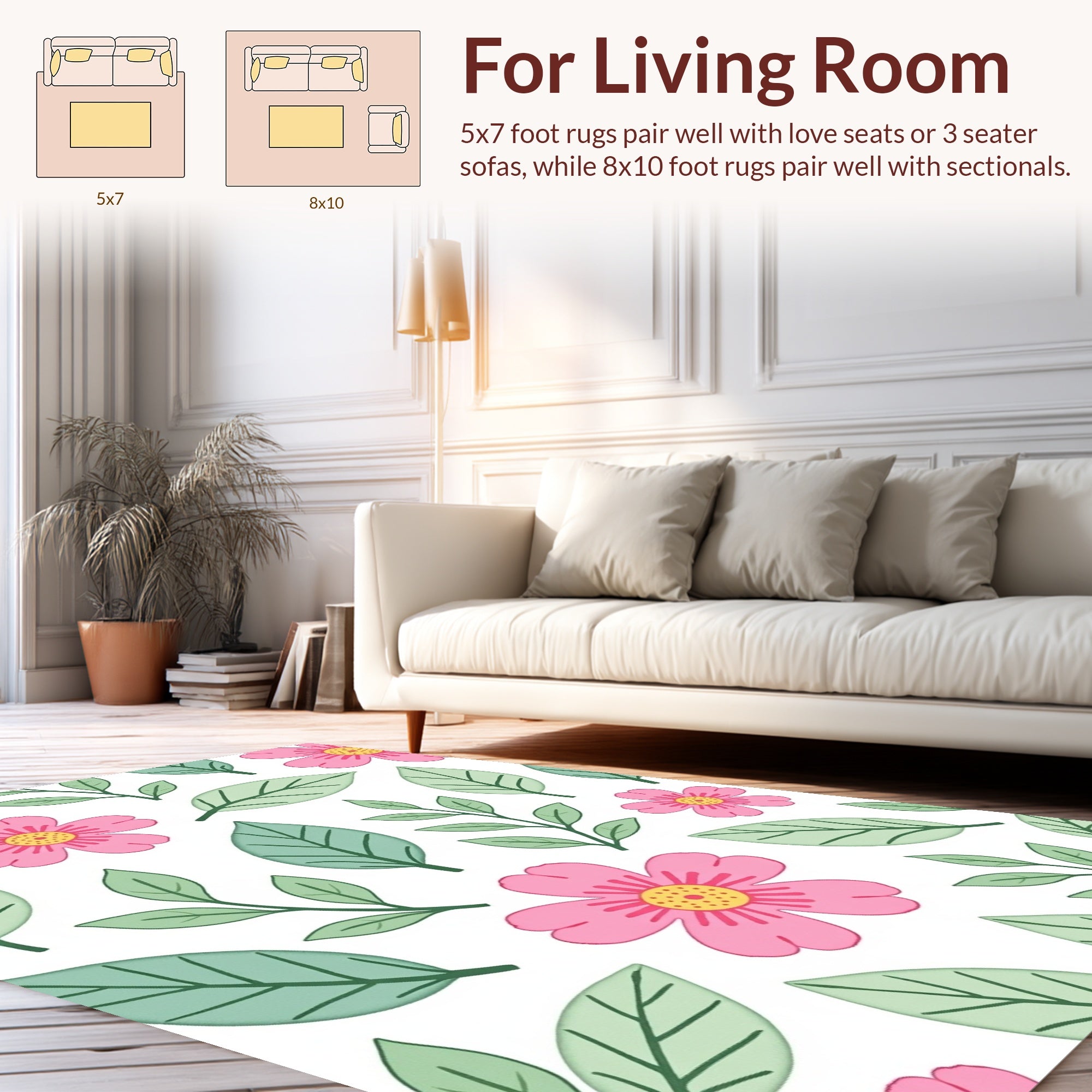 Pink Flower and Leaf Pattern Rug