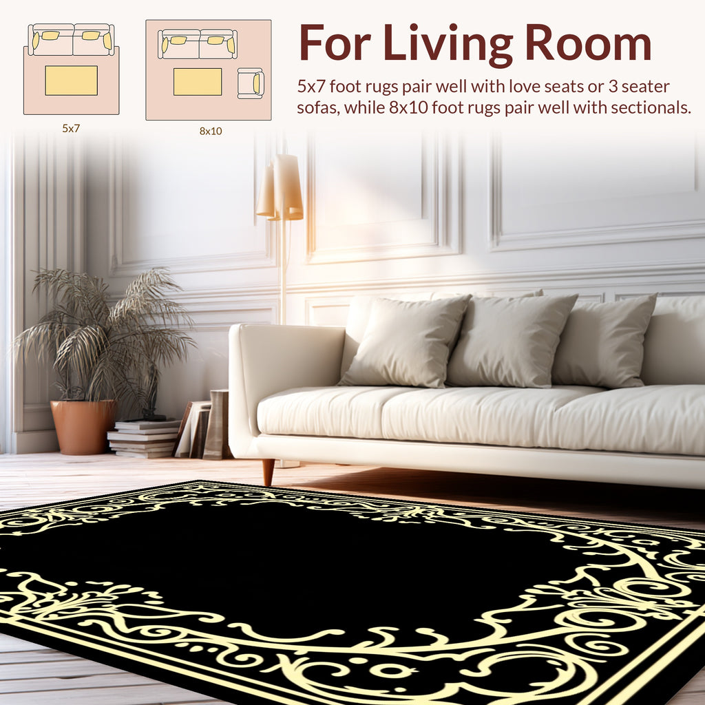 Cream Baroque Swirl Border Design Rug