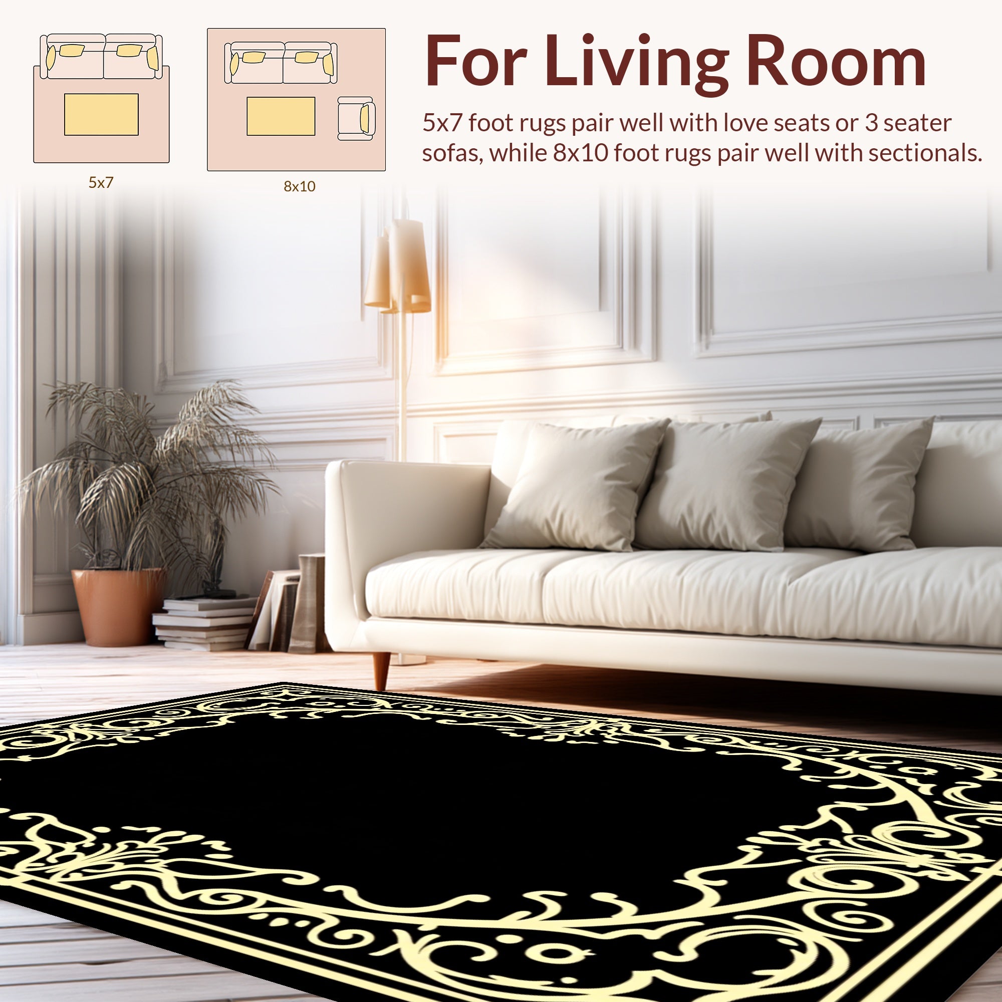 Cream Baroque Swirl Border Design Rug
