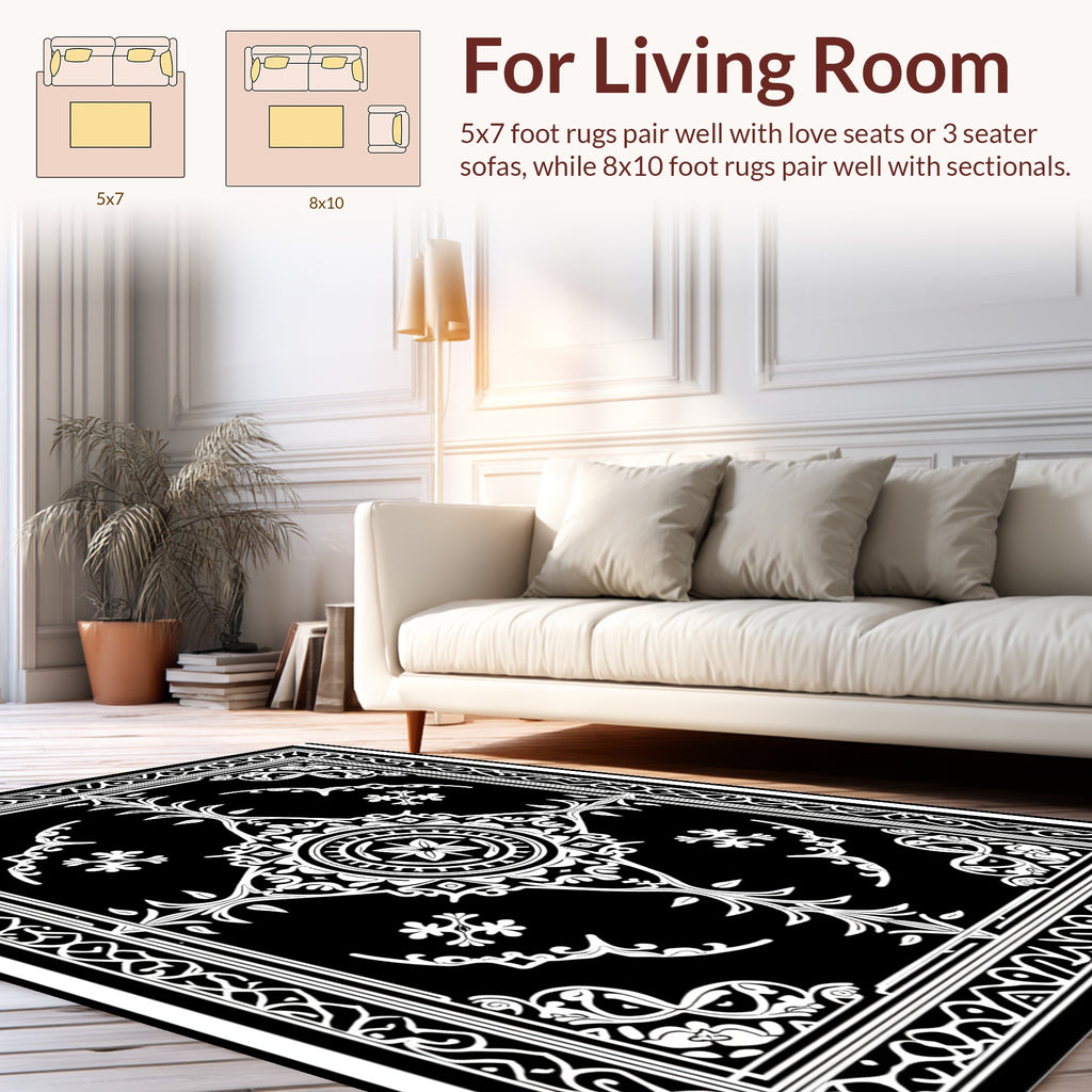 Vintage Black White Floral Pattern Rug