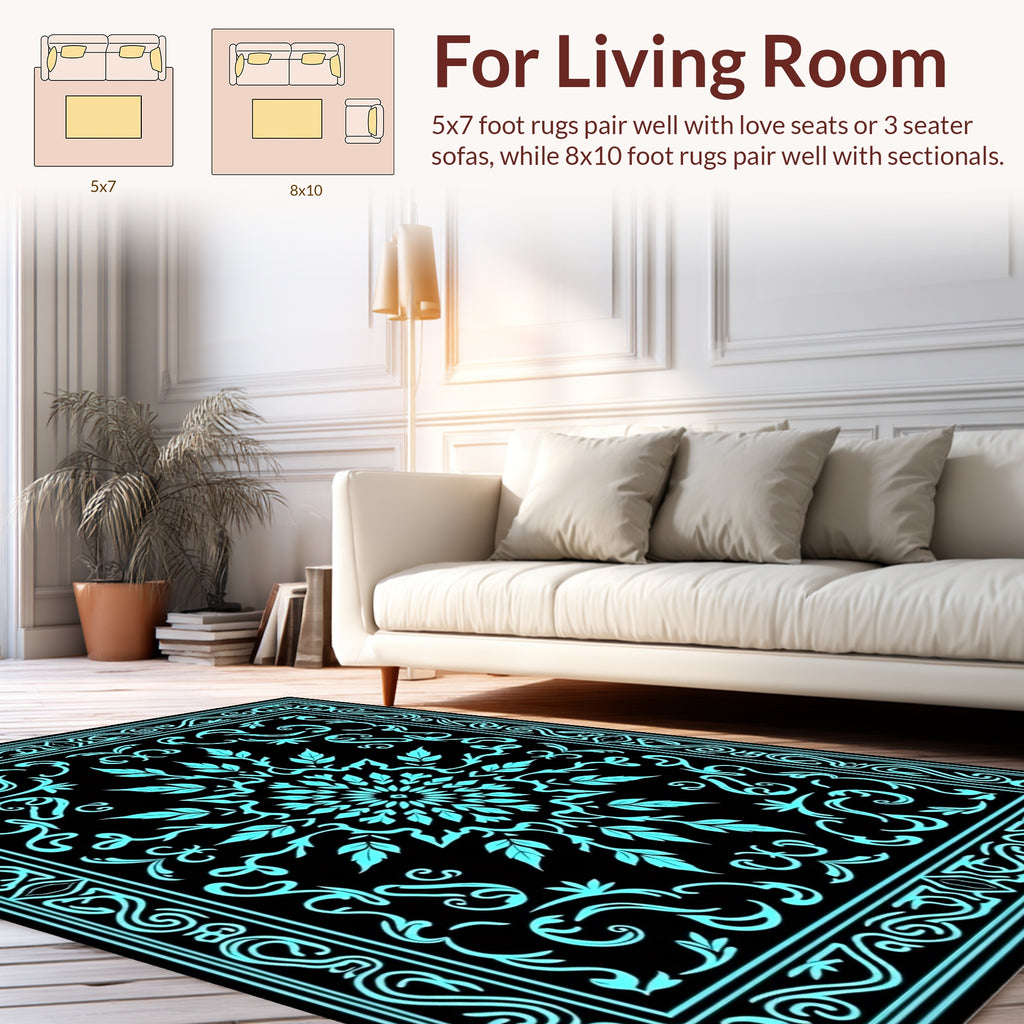 Bright Teal Leaf Mandala Pattern Rug