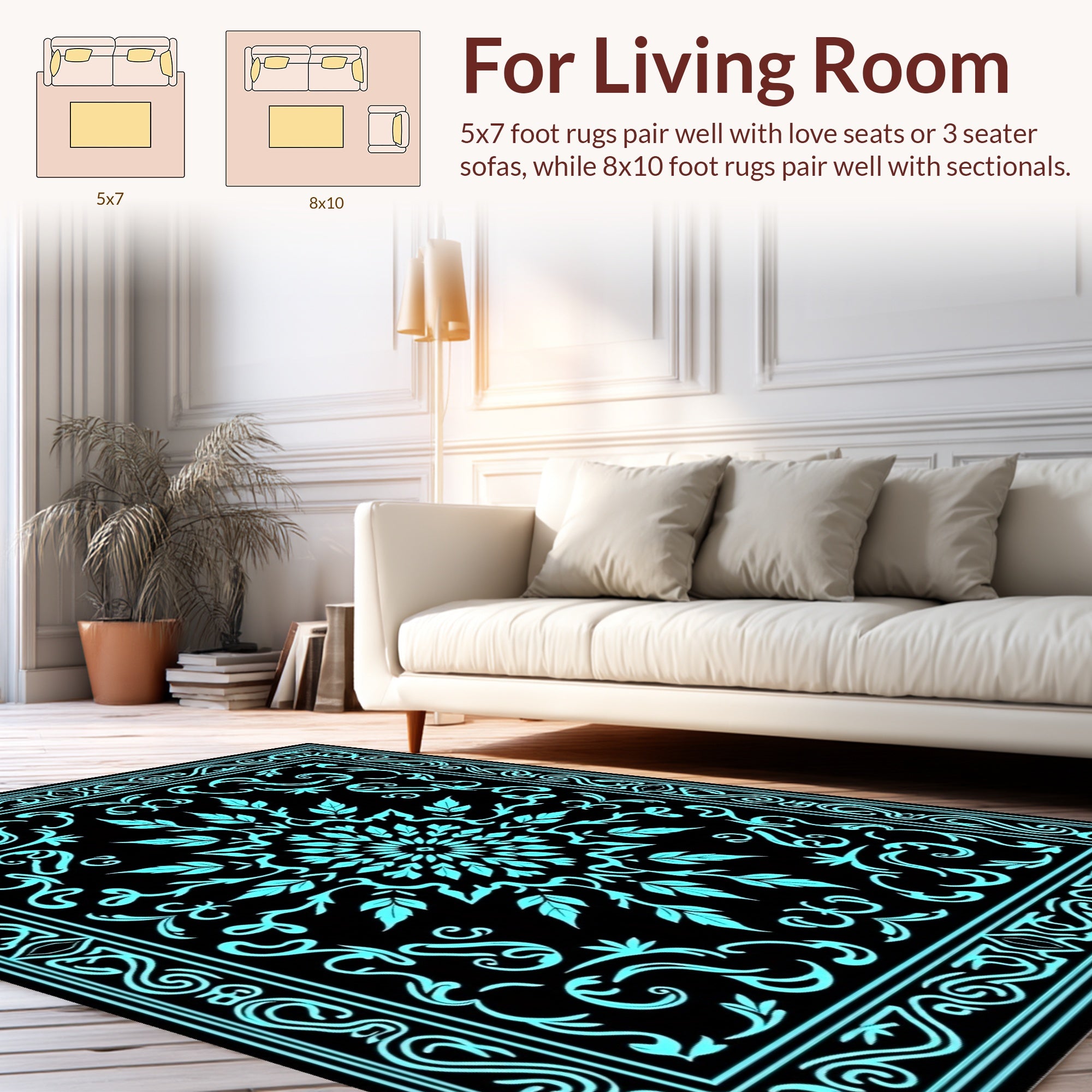 Bright Teal Leaf Mandala Pattern Rug