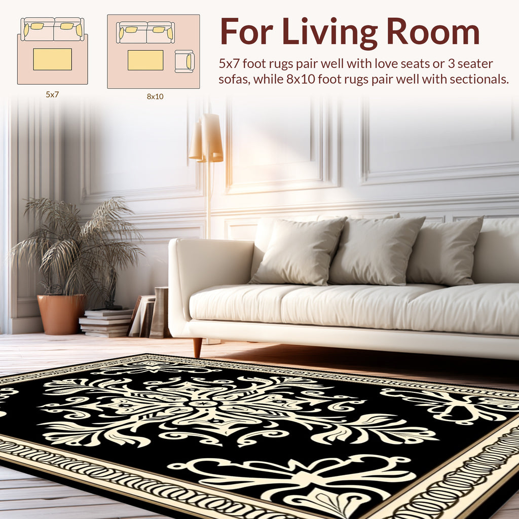 Black Cream Ornate Floral Rug
