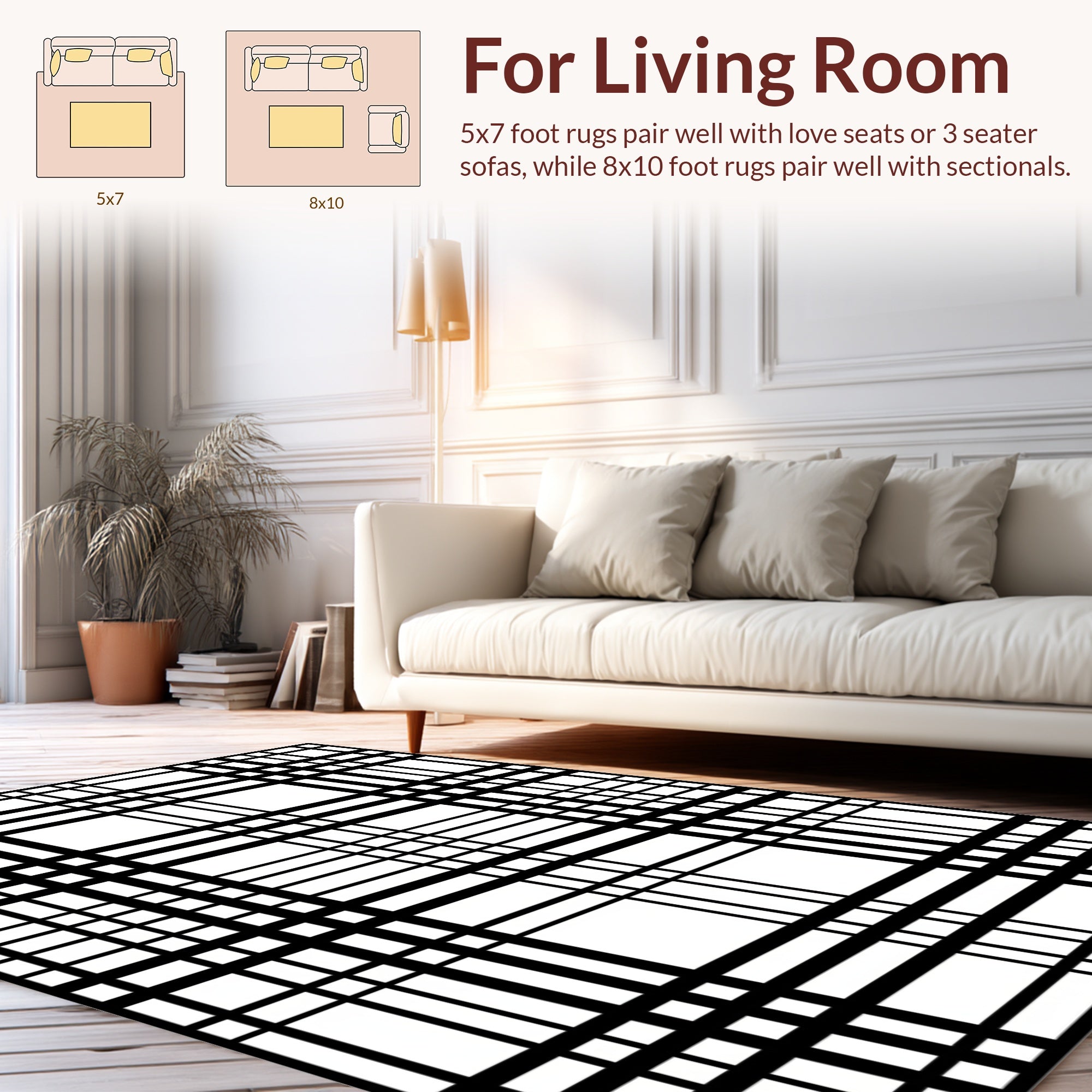 Bold Black White Grid Pattern Rug