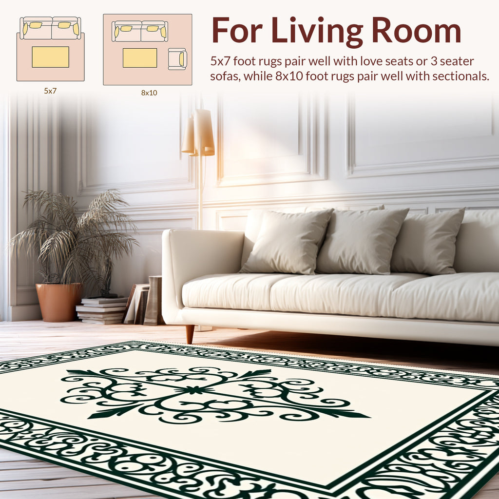 Elegant Dark Green Scroll Pattern Rug