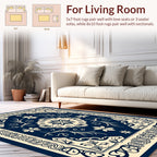 Navy Cream Floral Medallion Border Design Rug