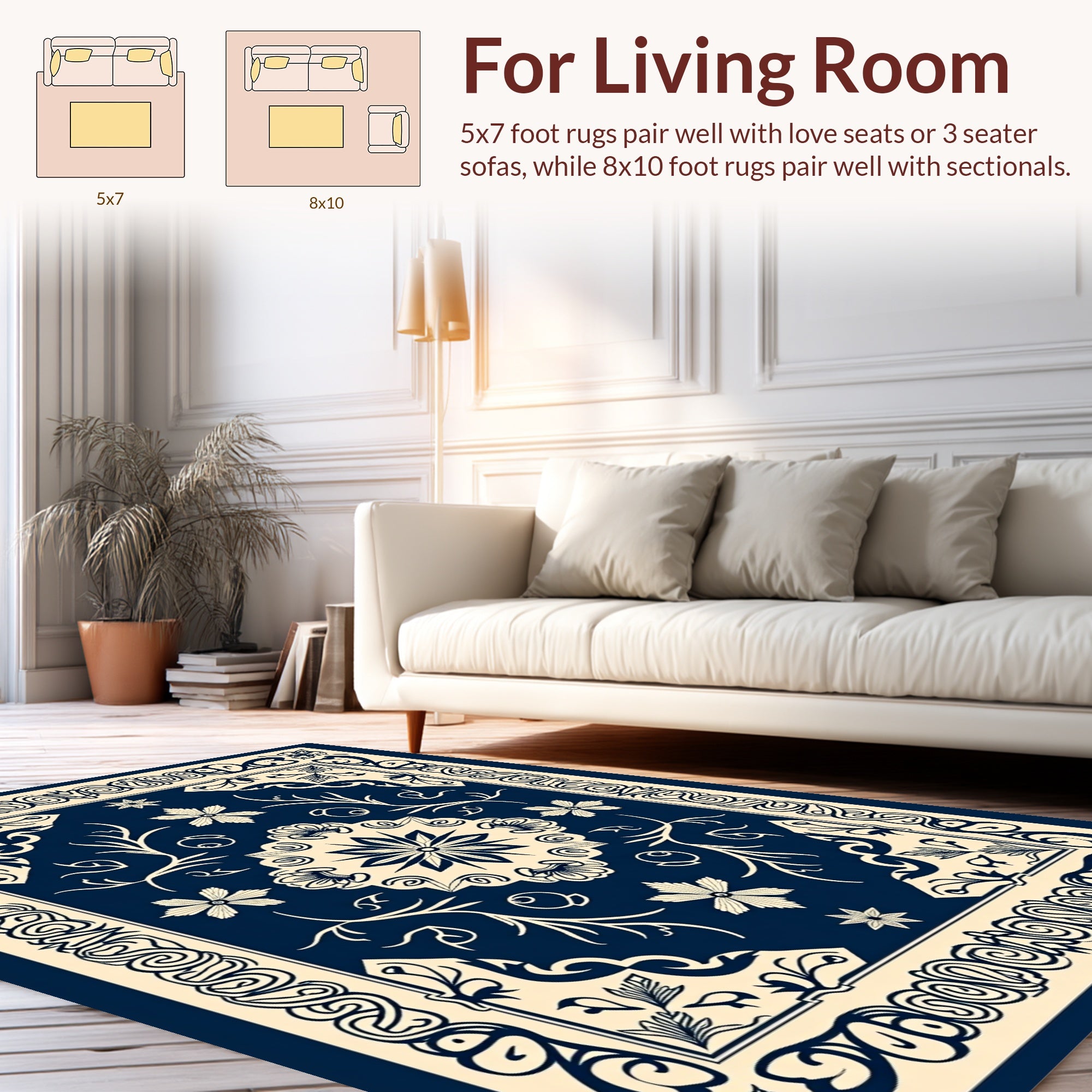 Navy Cream Floral Medallion Border Design Rug