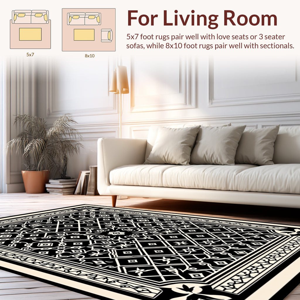 Intricate Black Cream Geometric Ornament Rug