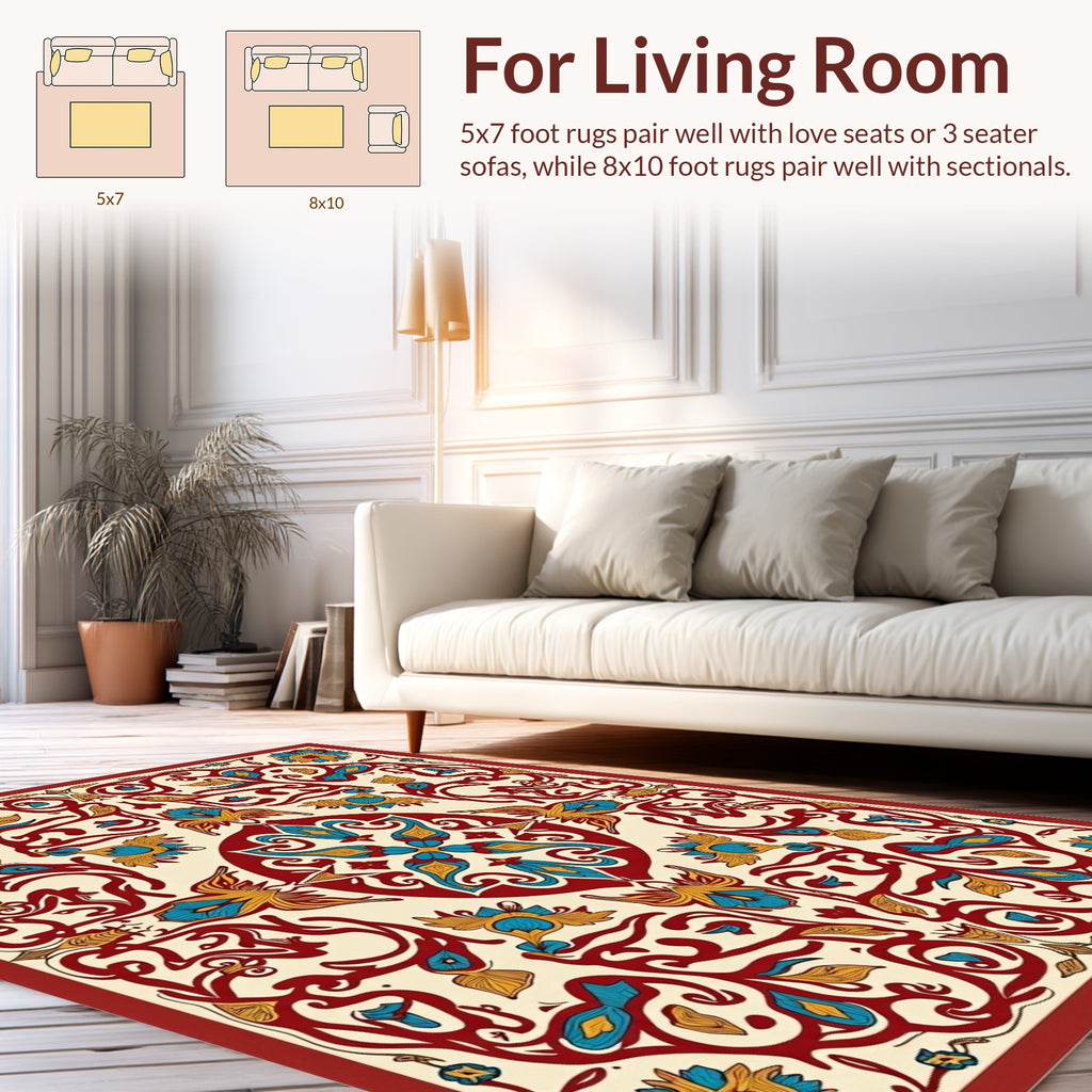 Rich Red Teal Floral Vines Rug