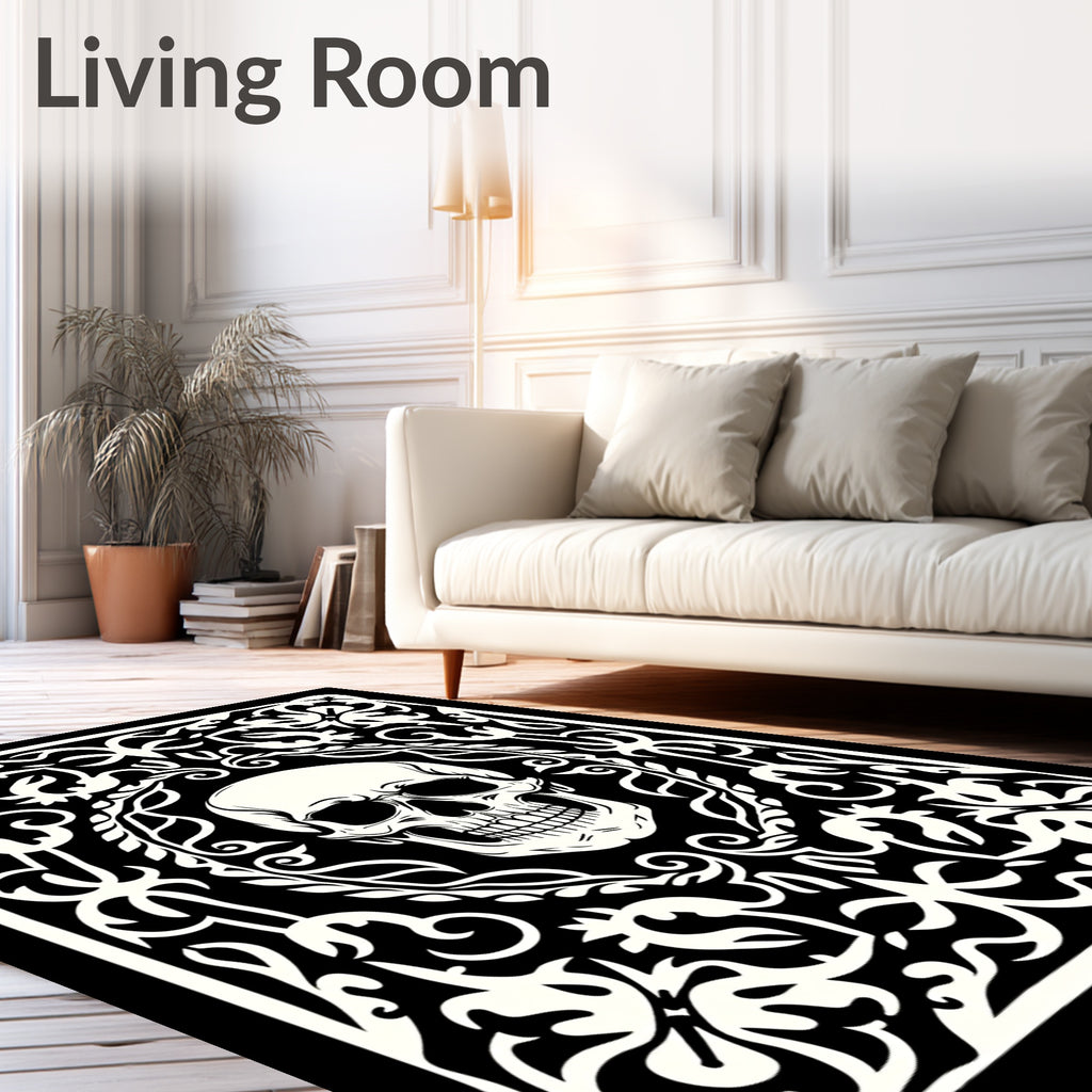 Black White Skull Floral Frame Rug