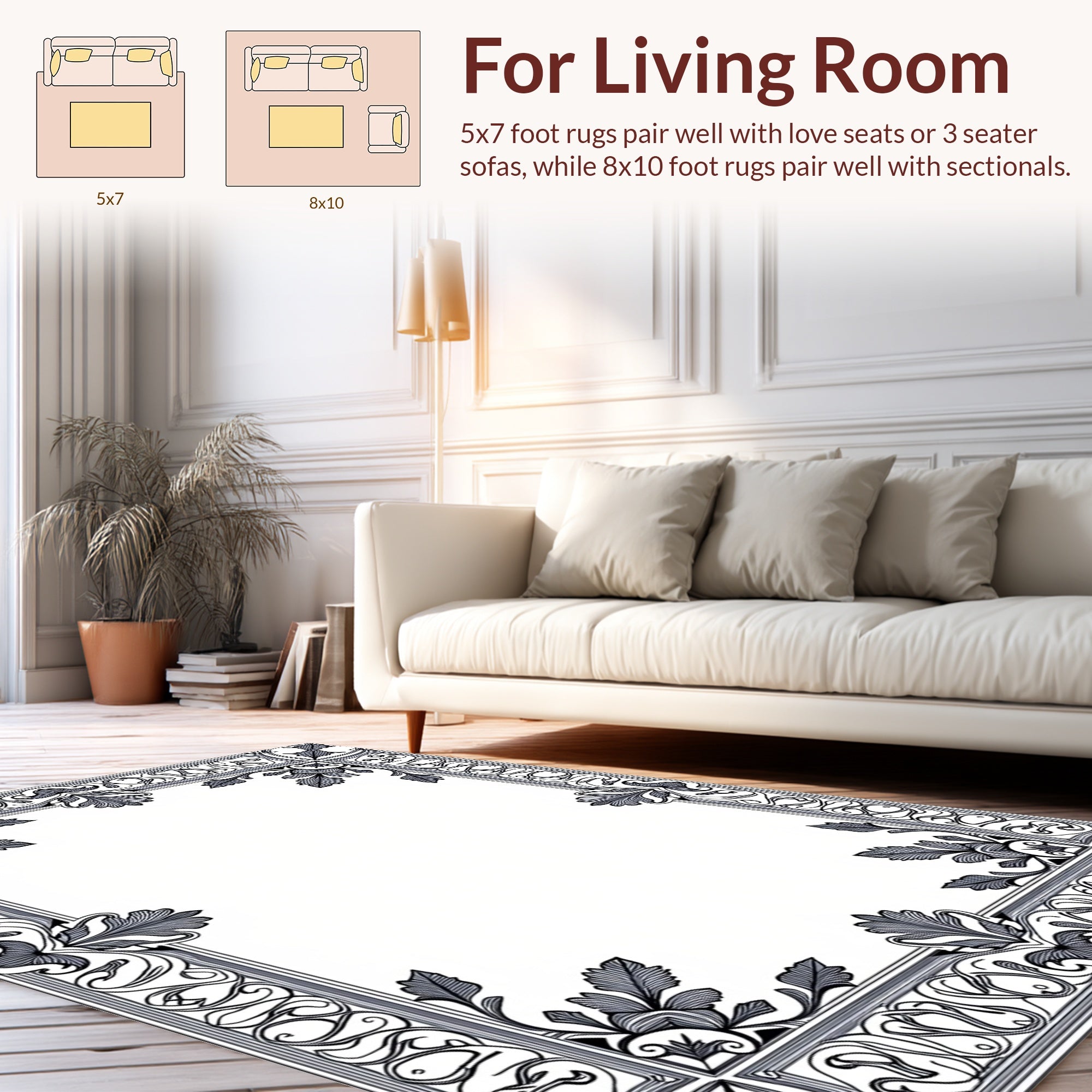 Ornate Black White Floral Border Design Rug