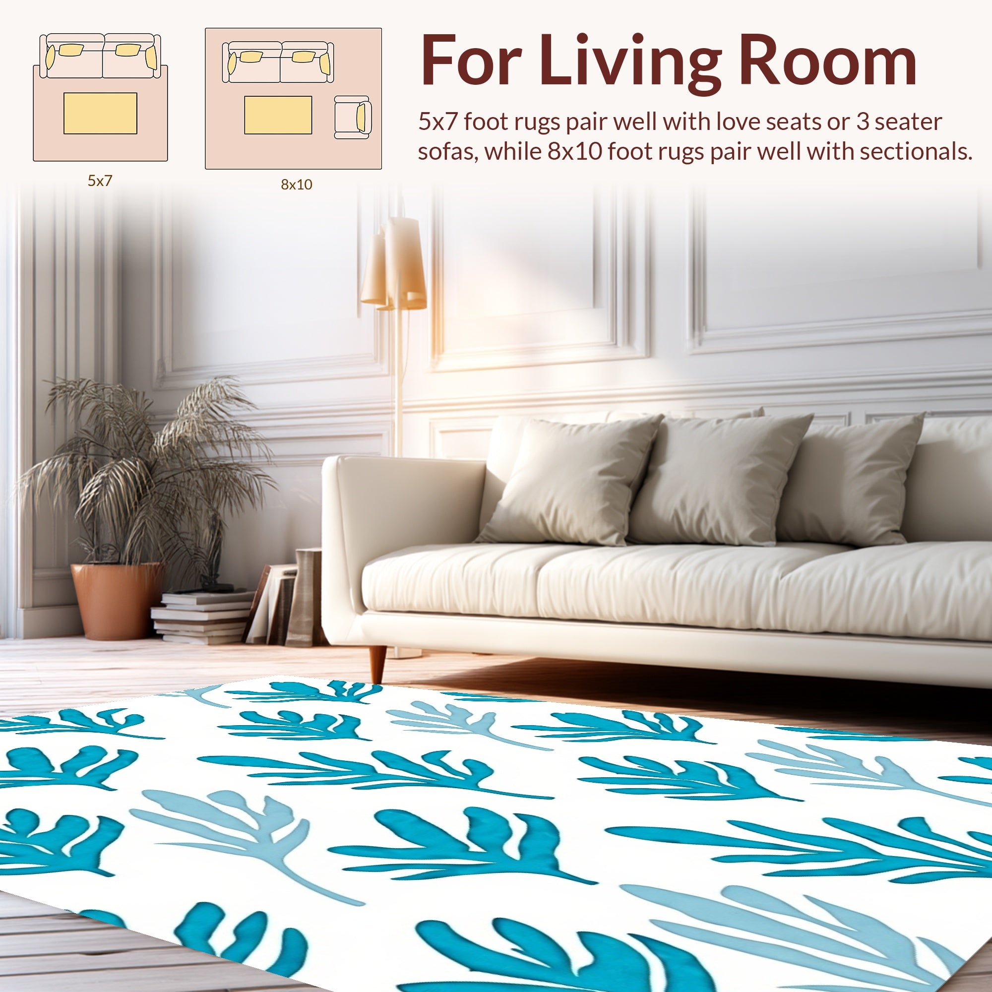 Oceanic Blue Leafy Pattern Rug