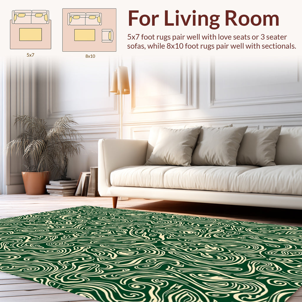 Intricate Swirling Emerald and Cream Pattern Rug