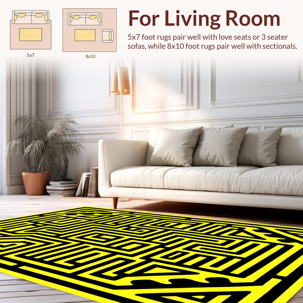 Bold Black Geometric Maze Pattern Rug