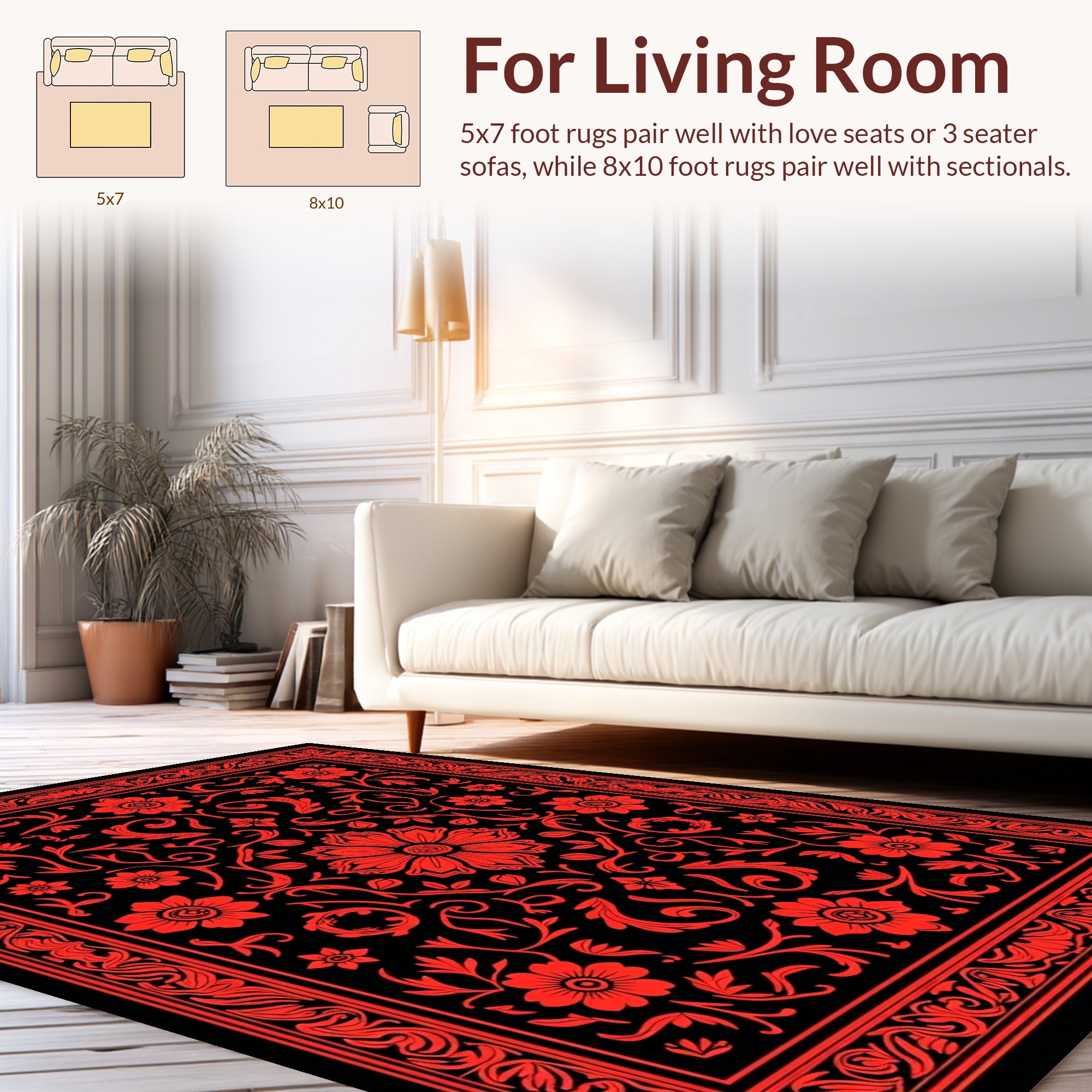 Deep Red Floral Vines Pattern Rug