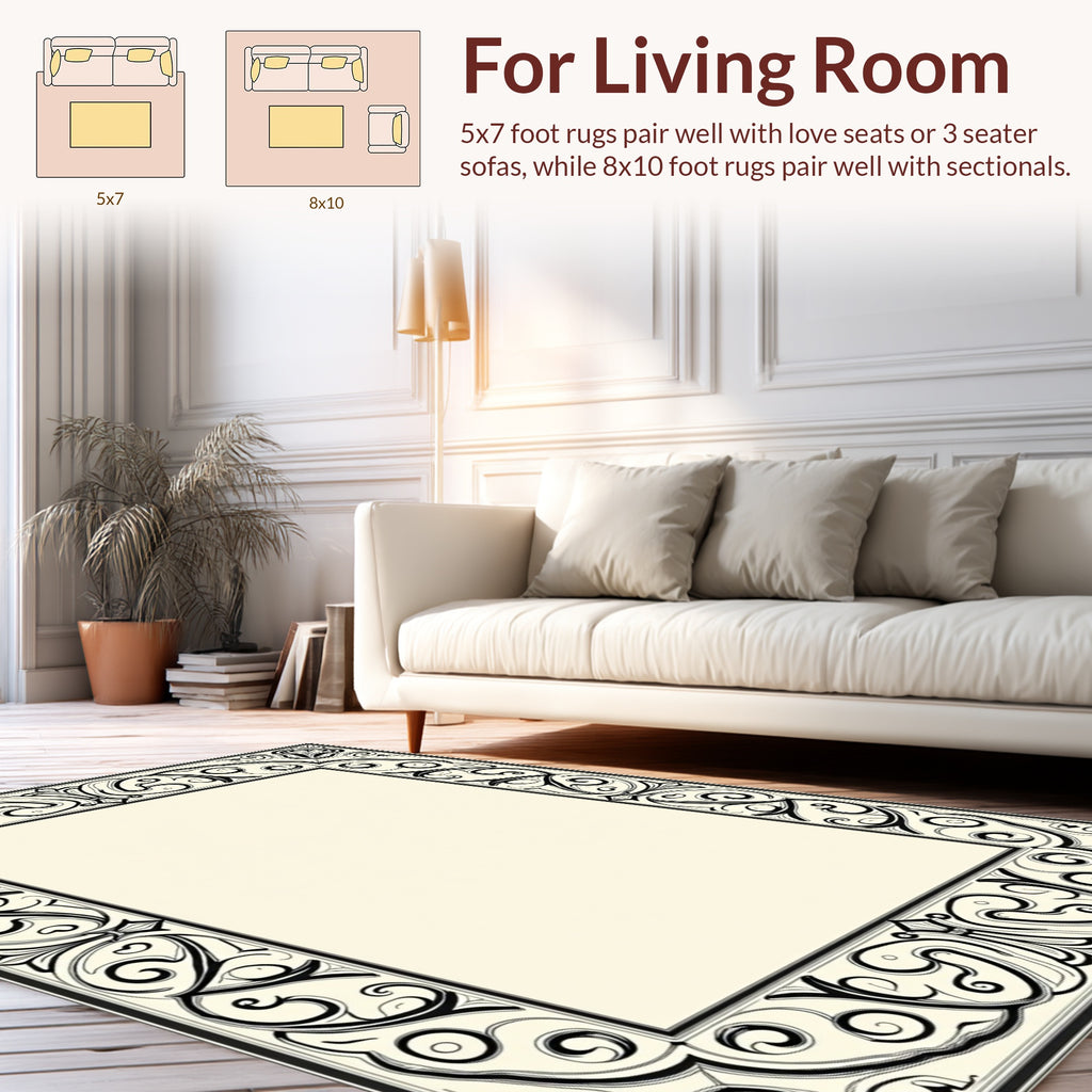 Ornate Black White Swirl Floral Frame Design Rug