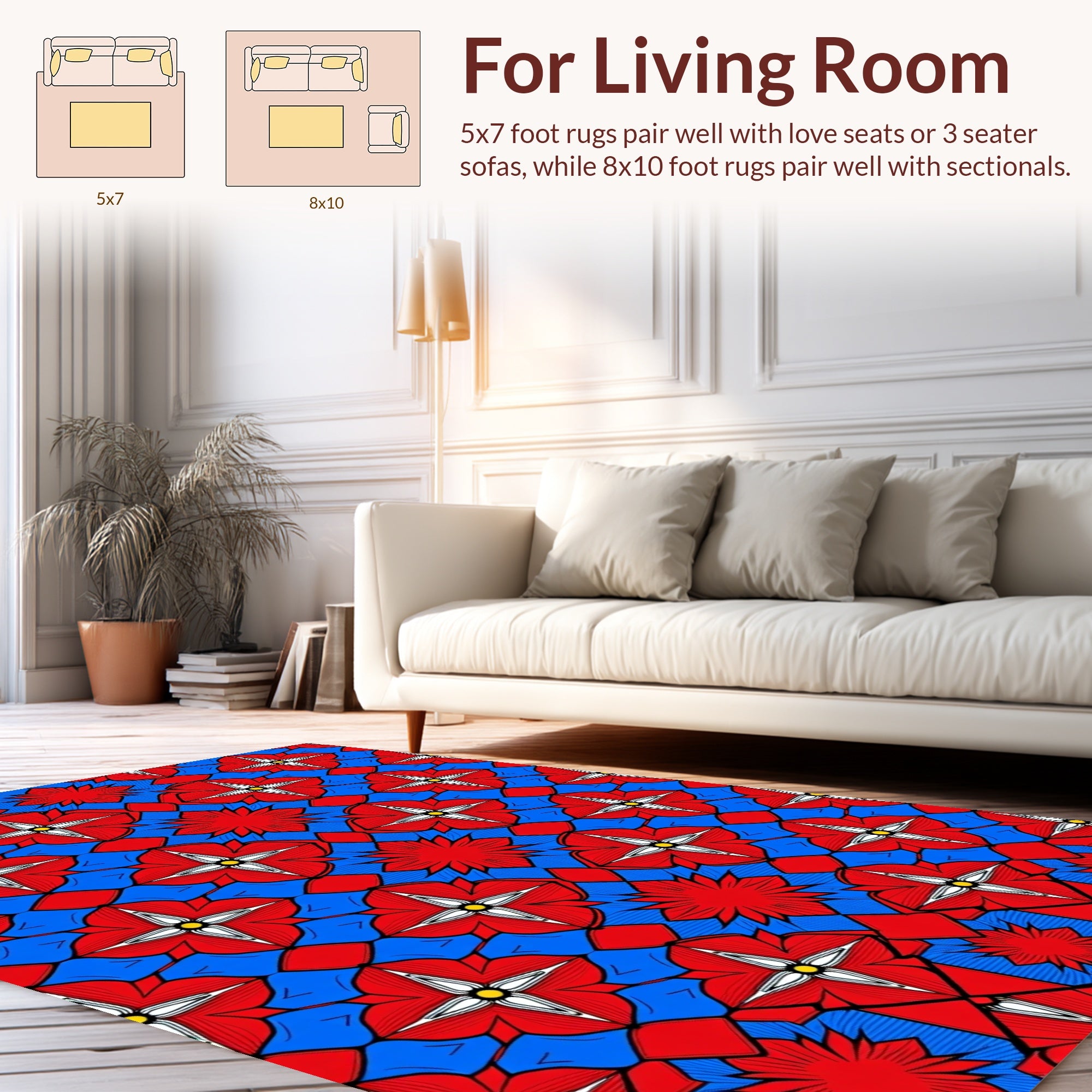 Bold Red Blue Floral Pattern Rug