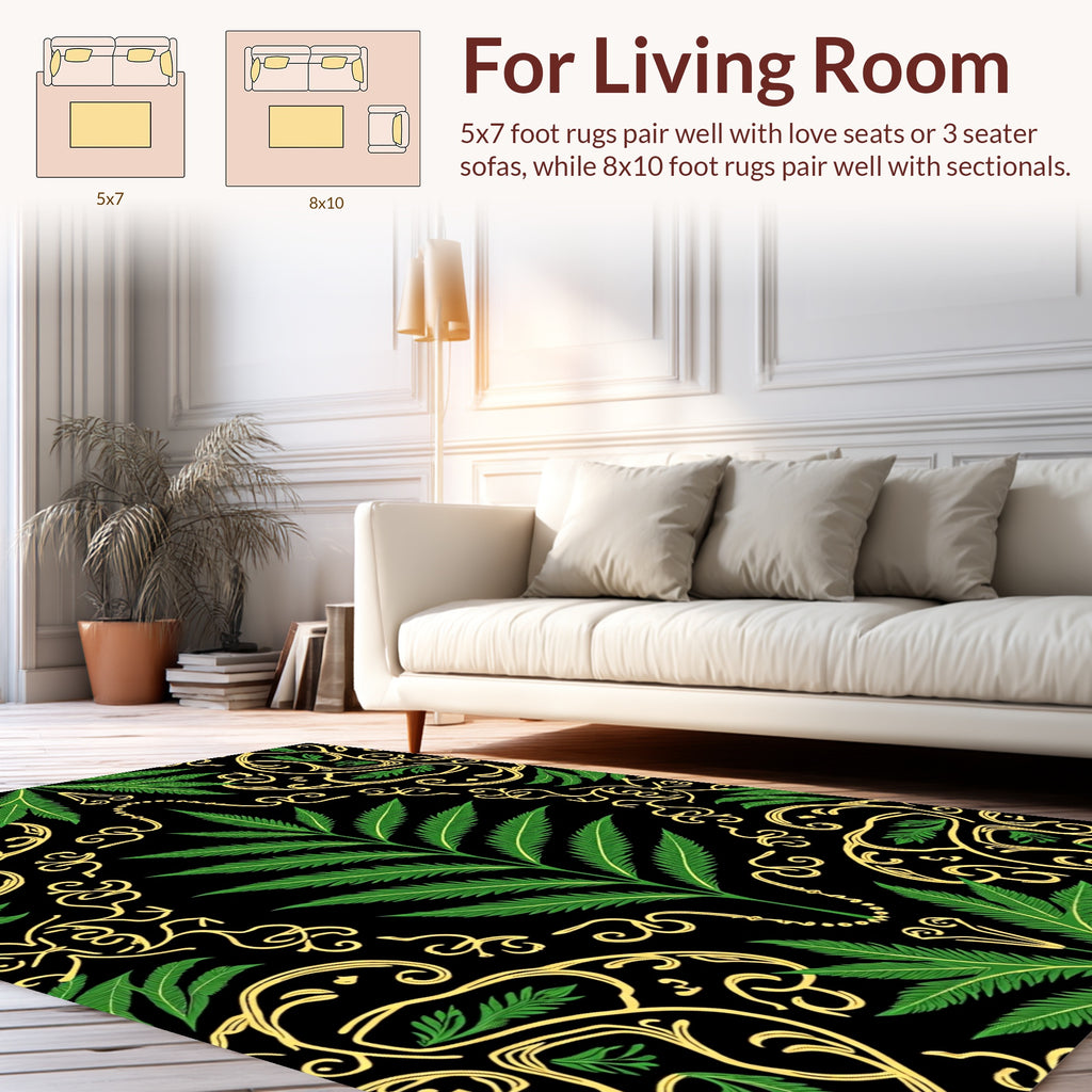 Black Elegant Emerald Leaf Pattern Rug