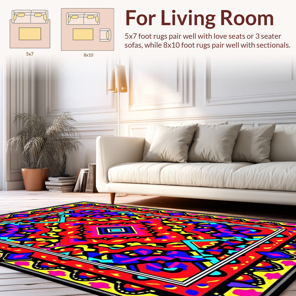Vibrant Red Blue Yellow Geometric Pattern Rug
