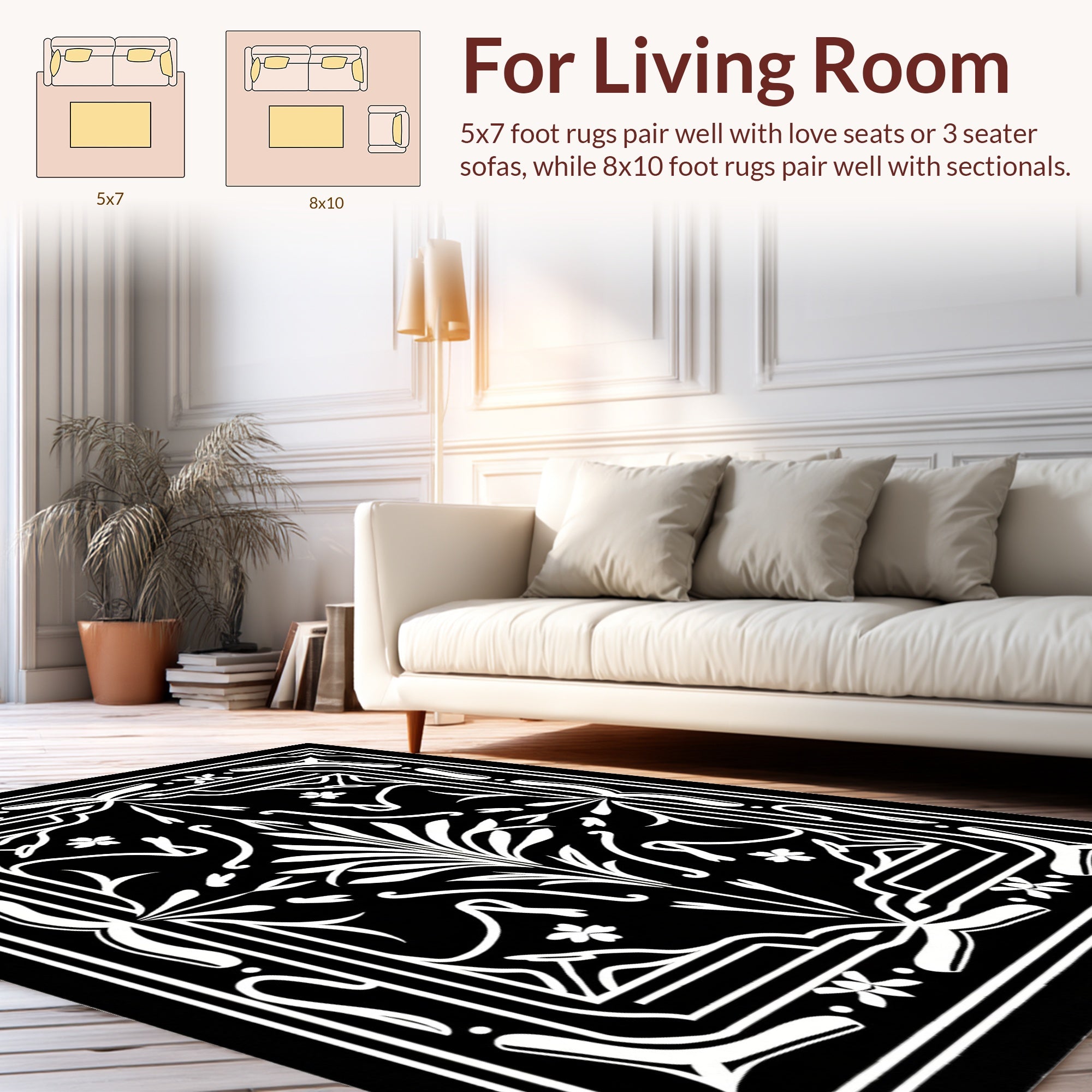 Monochromatic Floral Scrollwork Design Rug