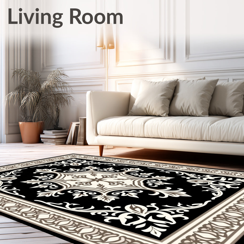 Classic Floral Motif Black Rug