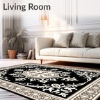 Classic Floral Motif Black Rug