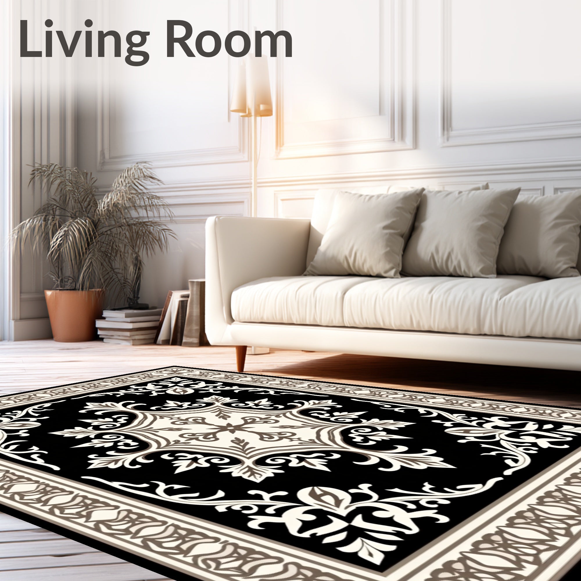 Classic Floral Motif Black Rug