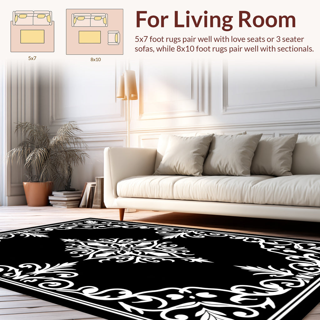 Black White Floral Scroll Medallion Rug