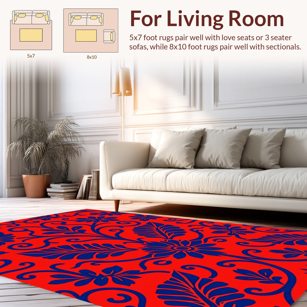 Vibrant Blue Floral Vine Pattern Rug