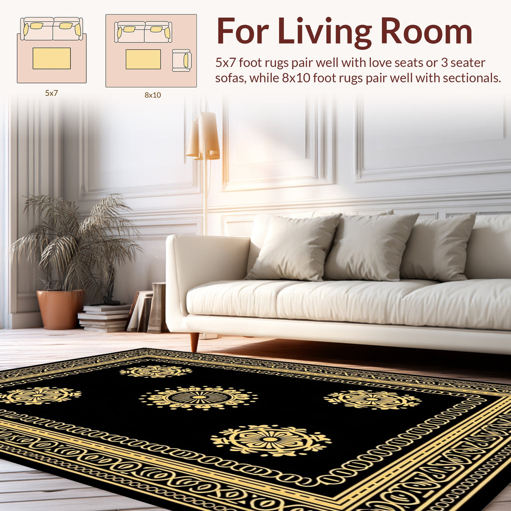 Black Gold Ornate Floral Motif Rug