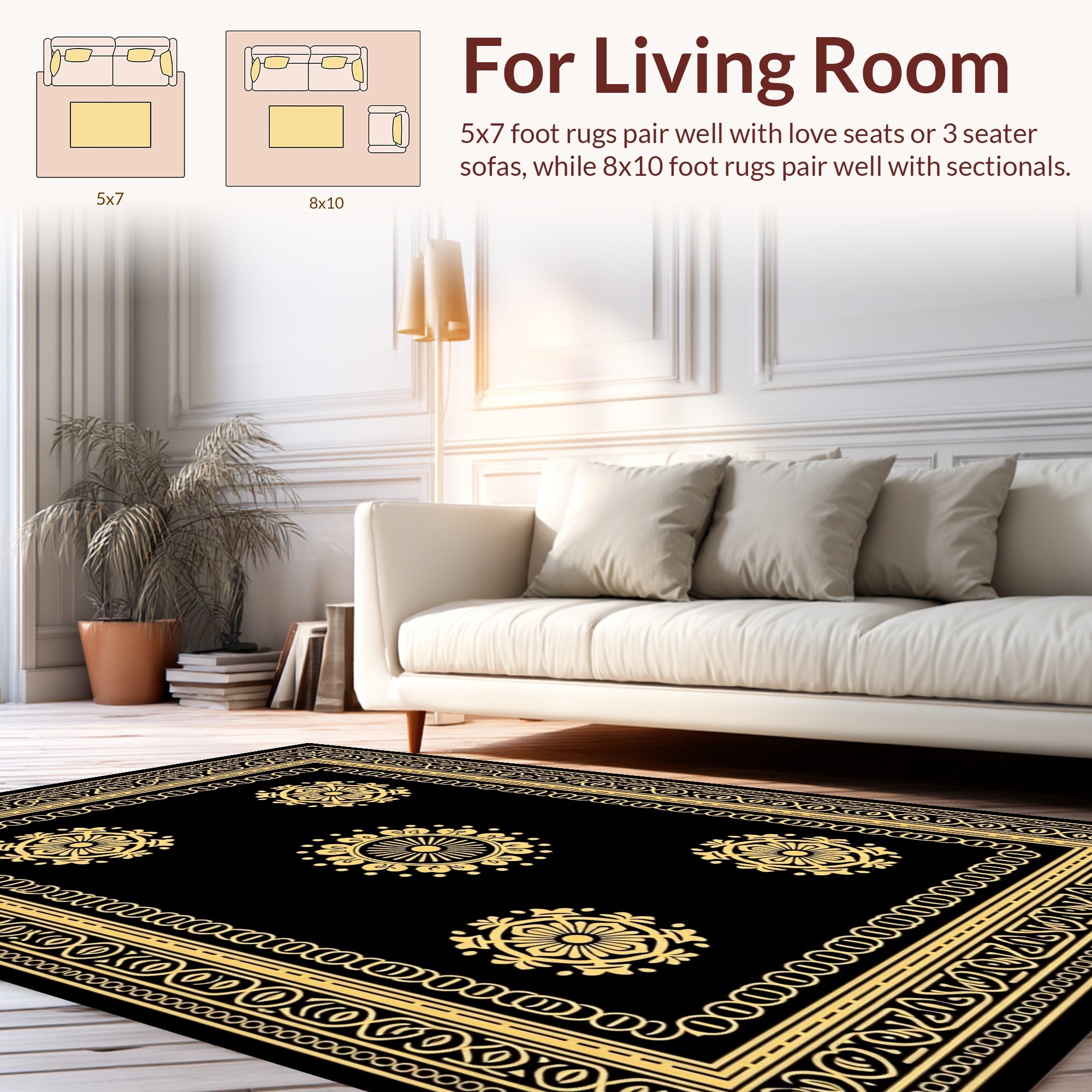 Black Gold Ornate Floral Motif Rug