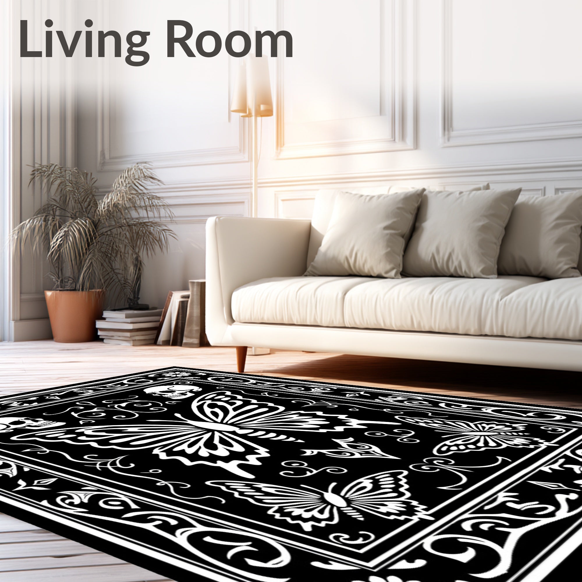 Gothic Black White Butterfly Skull Border Rug